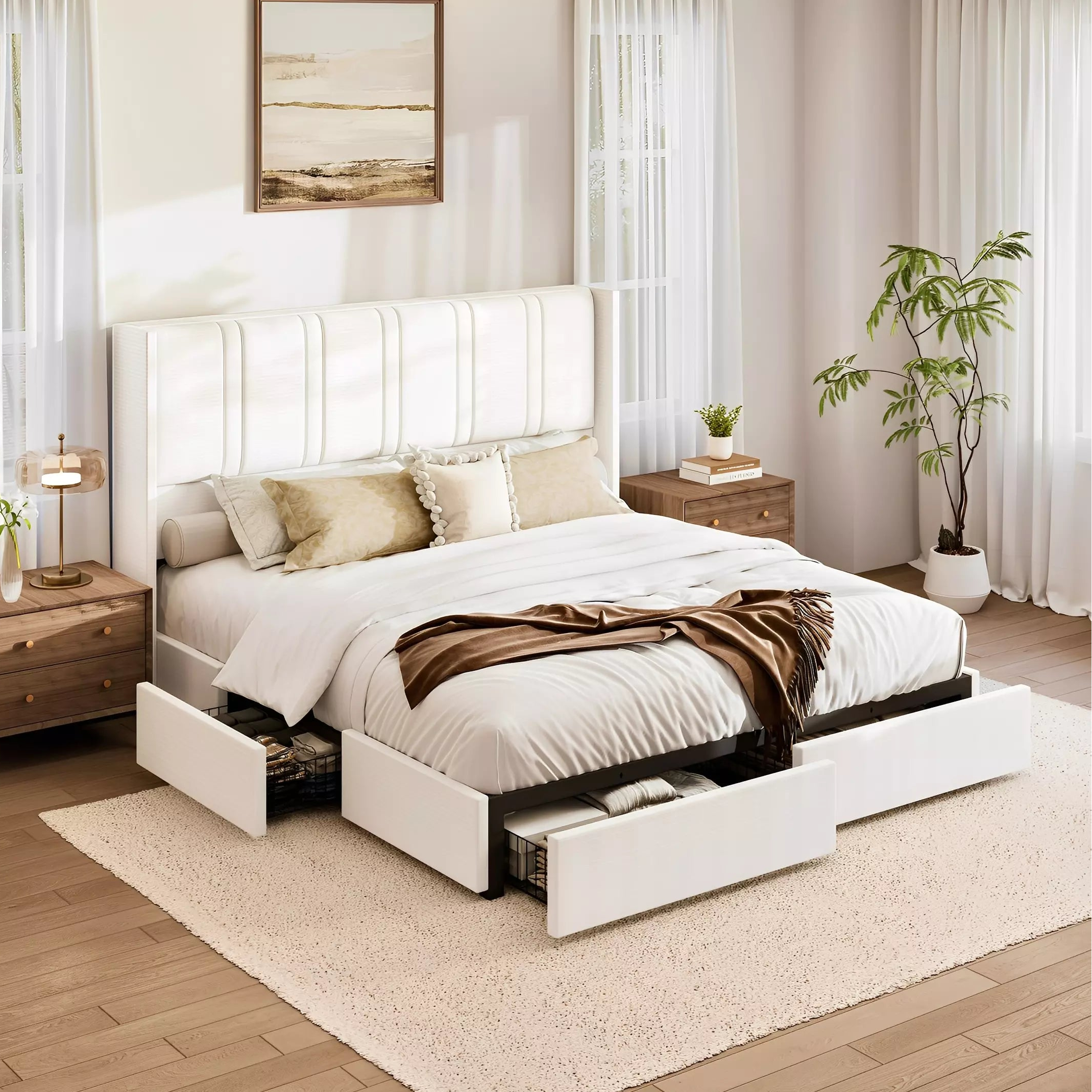 Modern bedroom with a white bed and storage drawers, wooden nightstands, and decorative elements.