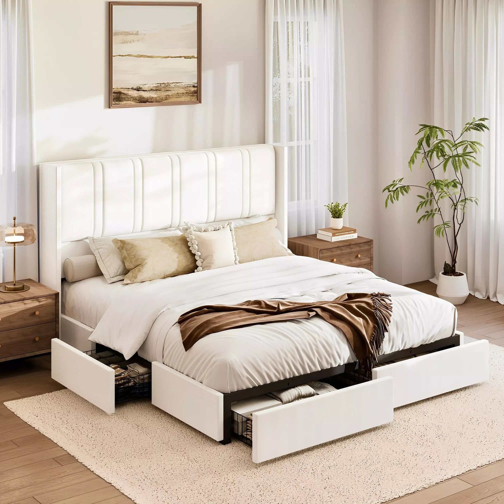 Modern bedroom with a white bed and storage drawers, wooden nightstands, and decorative elements.