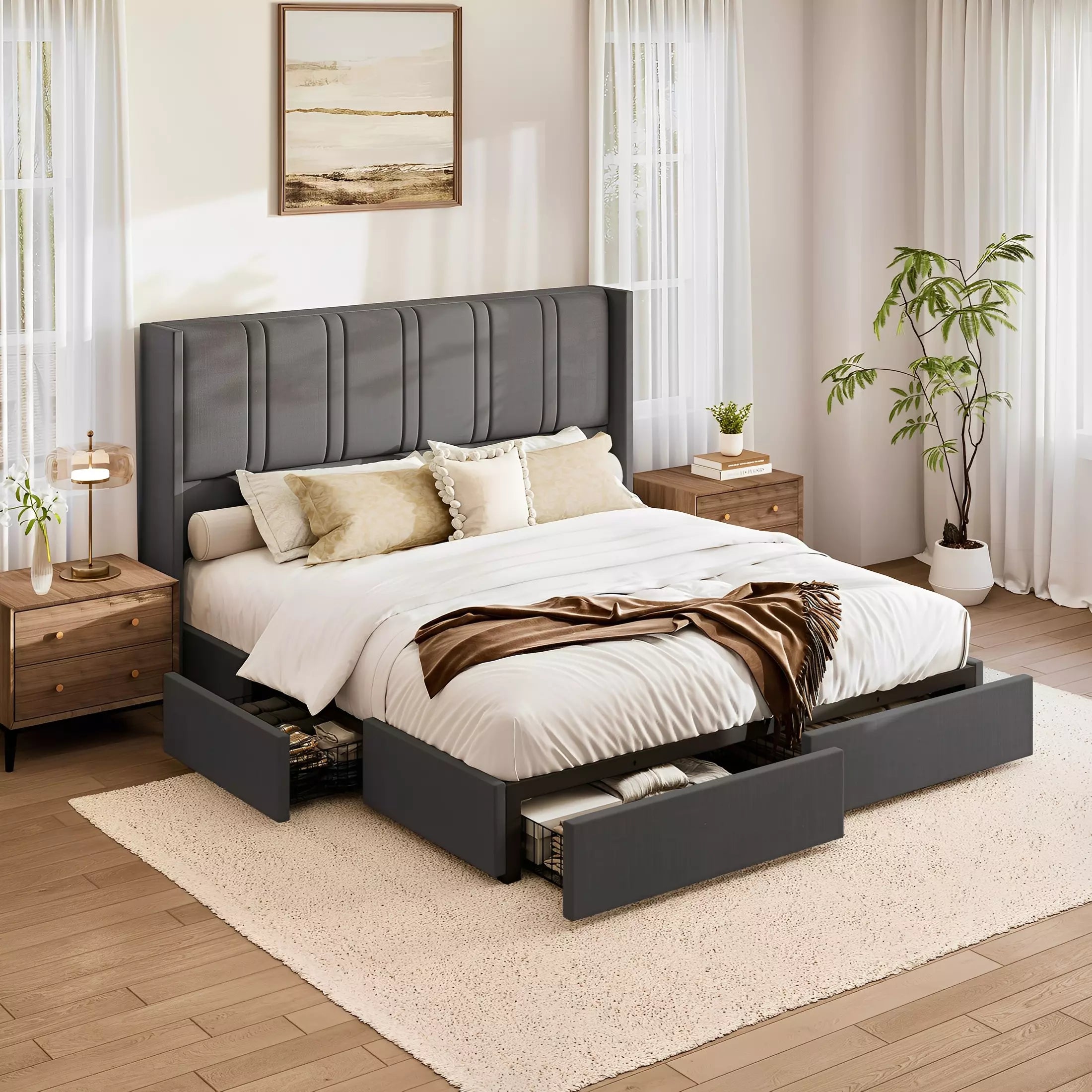 Modro Linen Bed Frame With Storage