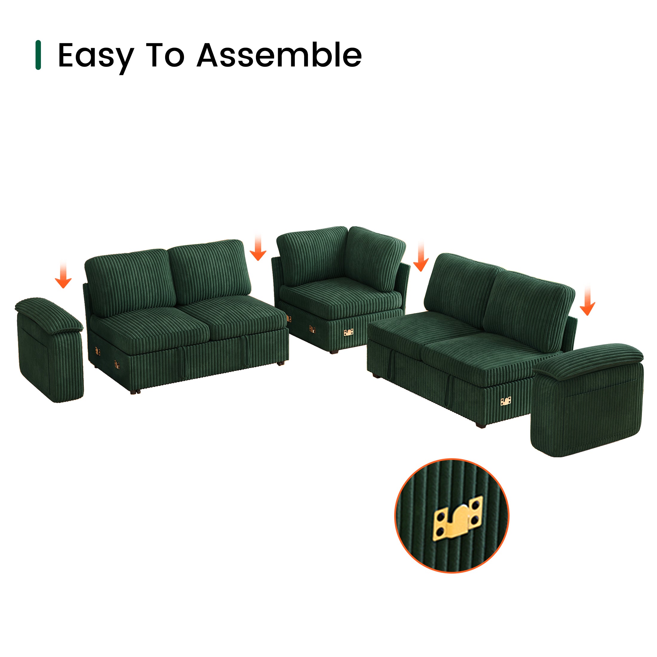 Nola Modular Corduroy Sleeper Sectional Sofa | 5 Seater | L Shape Corner