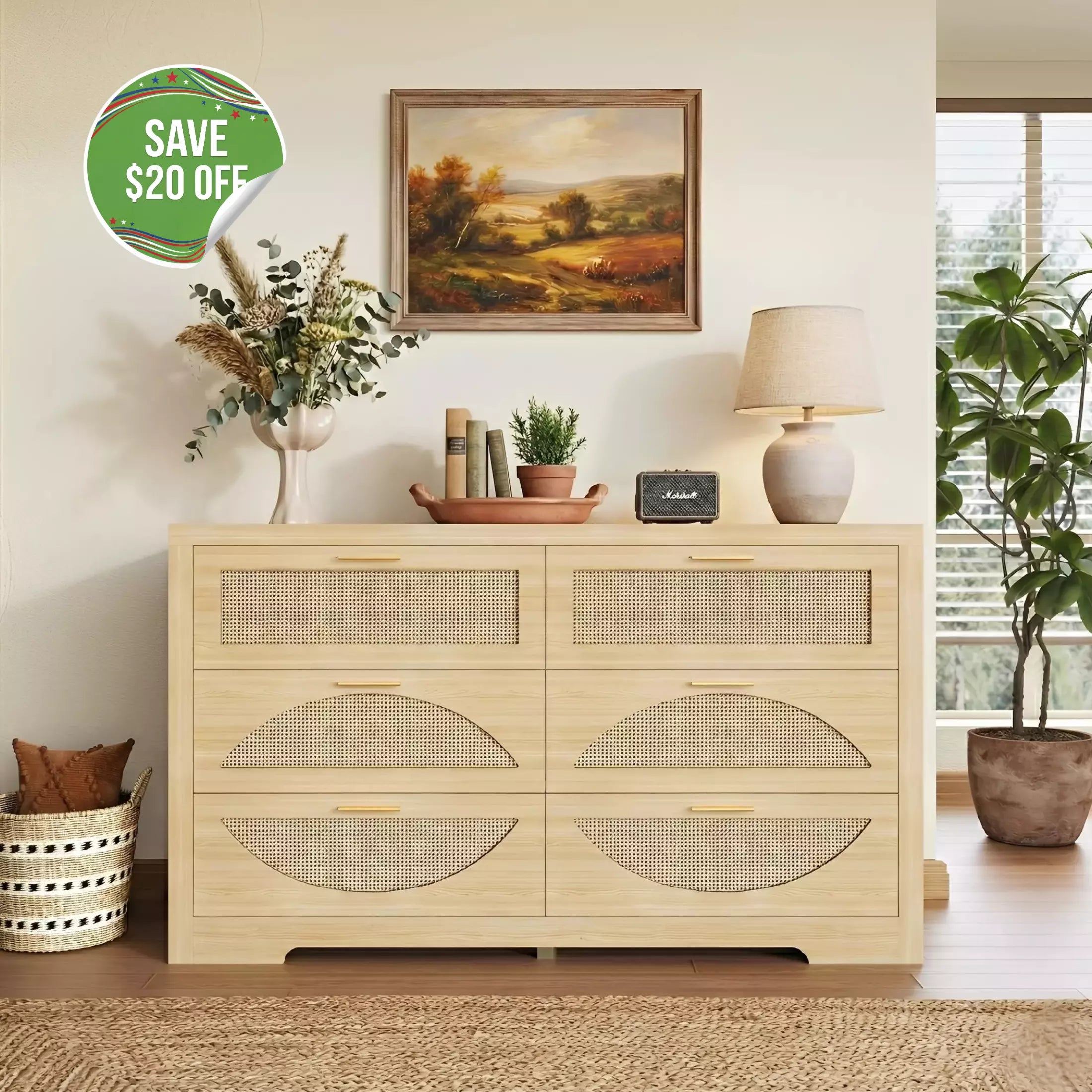 Arched Boho Rattan 6 Drawer Dressers Oak / Walnut