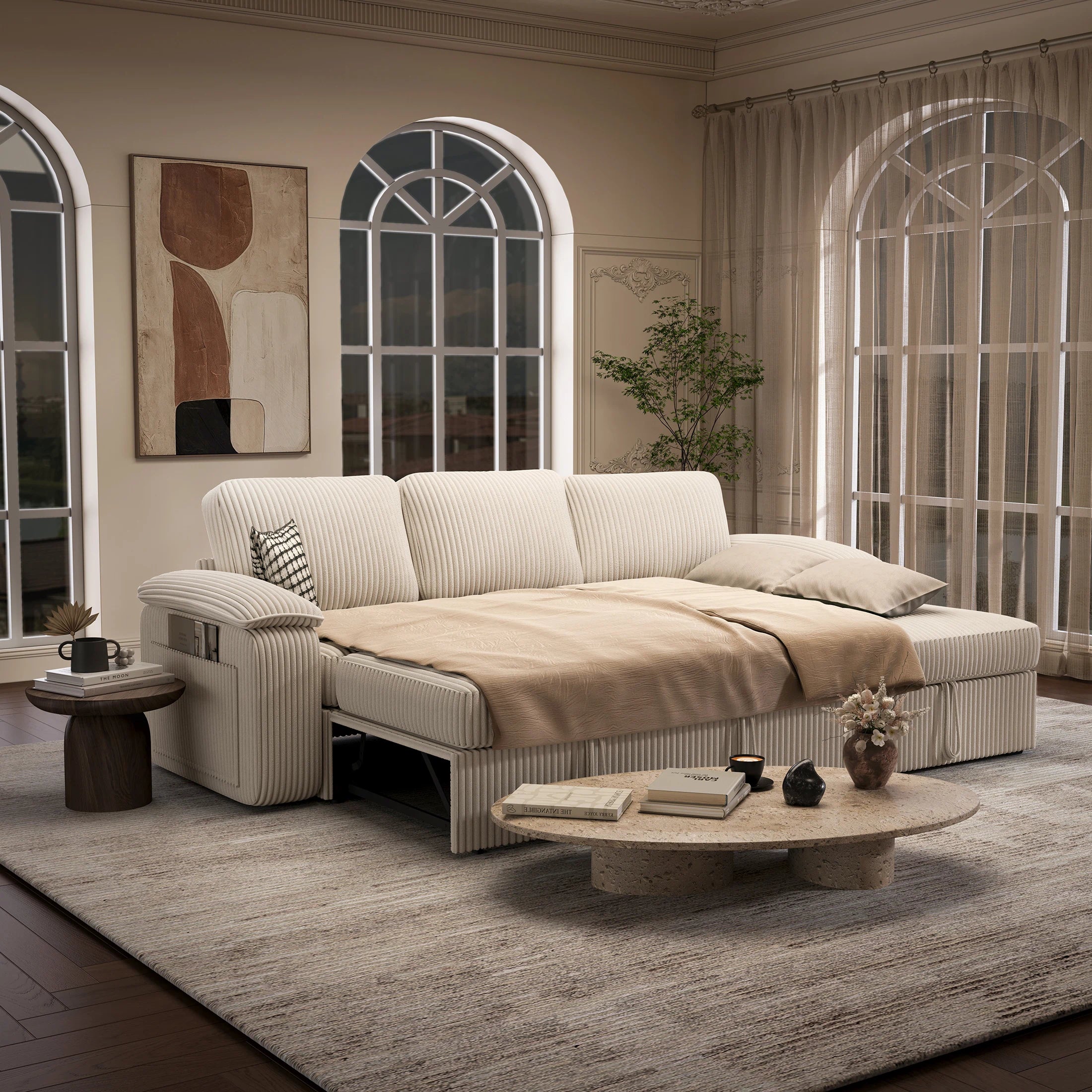 Nola Modular Corduroy Sleeper Sectional Sofa | 3 Seater | L Shape Corner
