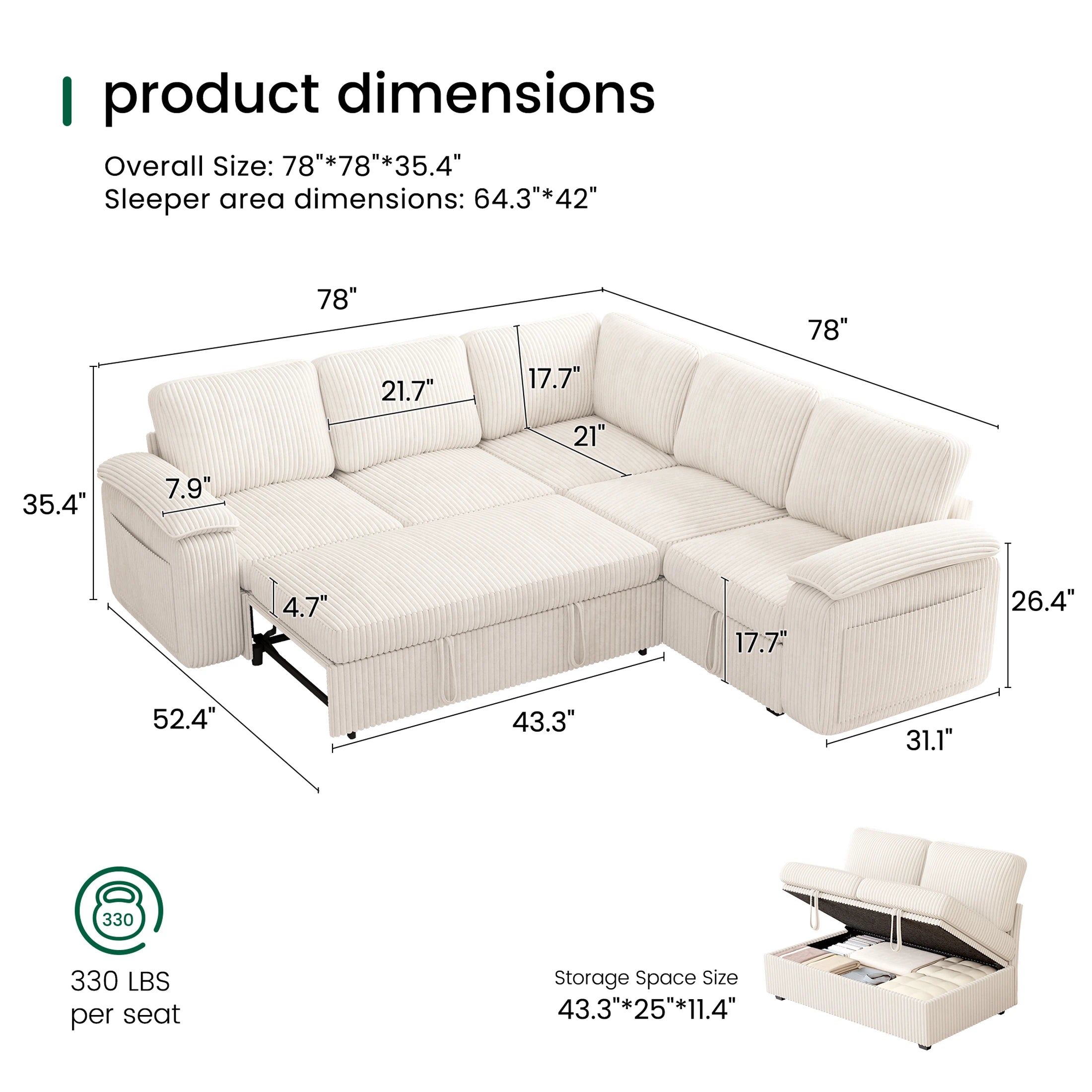 Nola Modular Corduroy Sleeper Sectional Sofa | 5 Seater | L Shape Corner