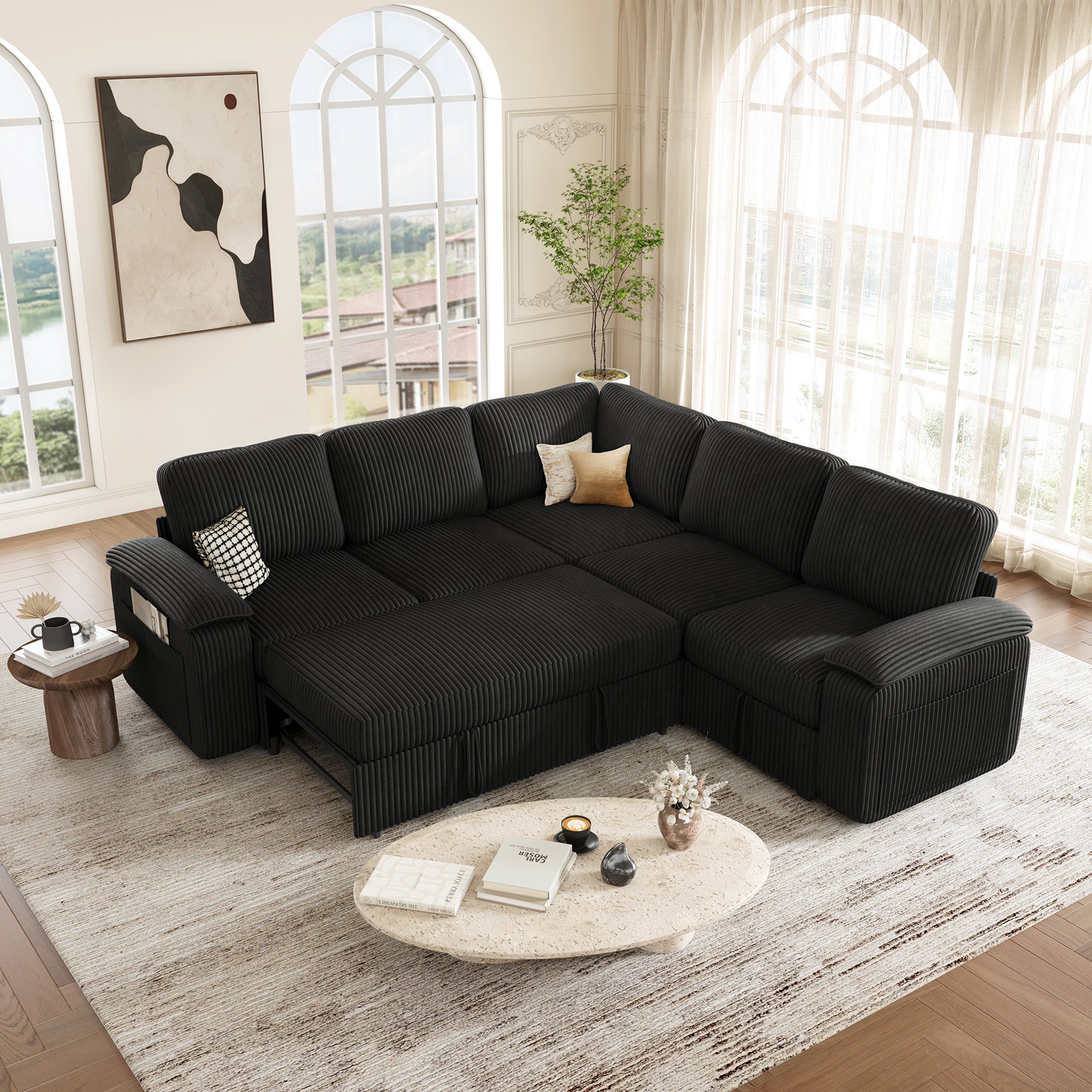 Nola Modular Corduroy Sleeper Sectional Sofa | 5 Seater | L Shape Corner