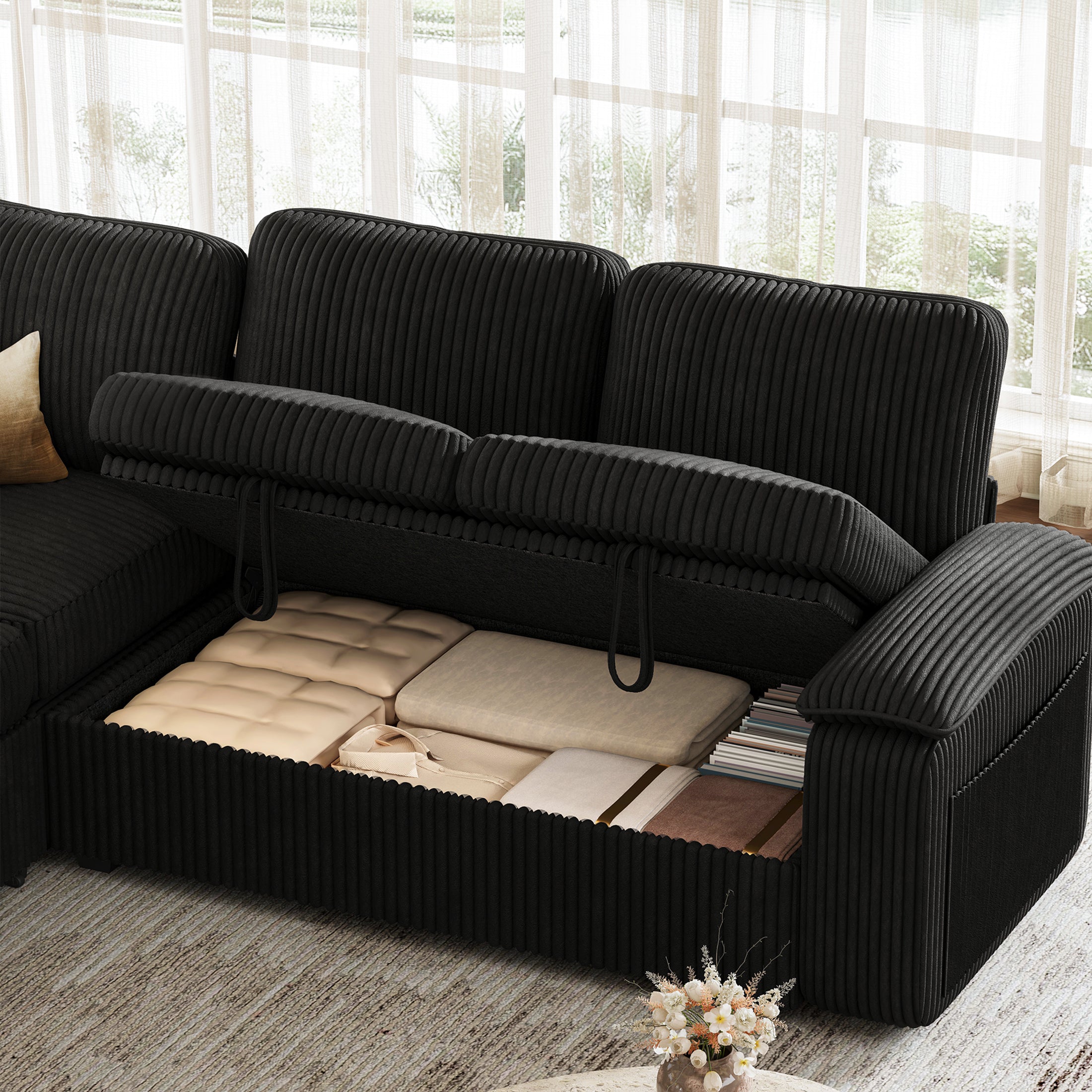 Nola Modular Corduroy Sleeper Sectional Sofa | 5 Seater | L Shape Corner