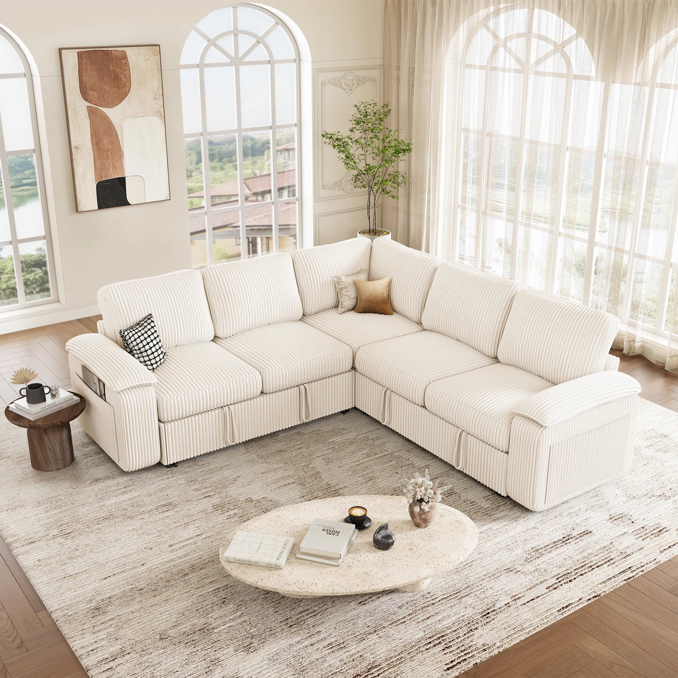 Nola Modular Corduroy Sleeper Sectional Sofa | 5 Seater | L Shape Corner