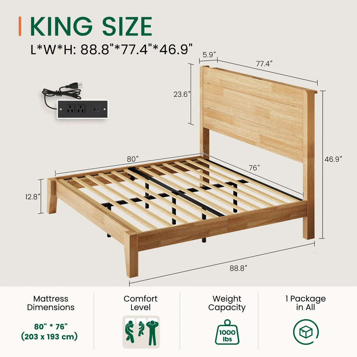 Sorel Japandi Solid Wood Platform Bed with Charging