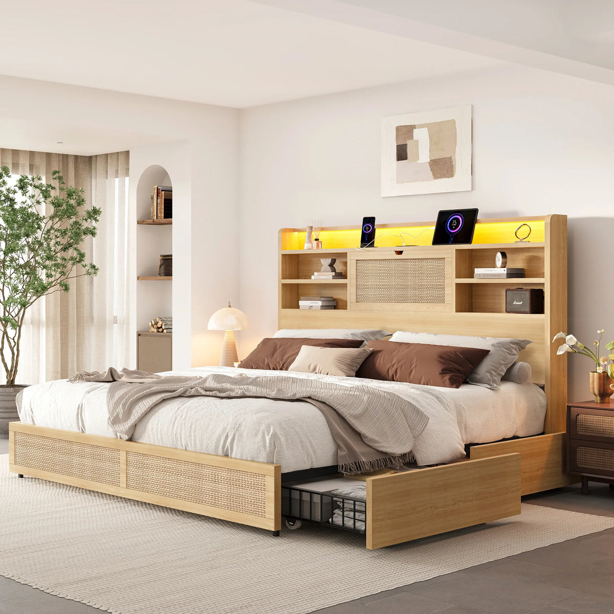 Boho Rattan Storage Bookcase Bed Frame
