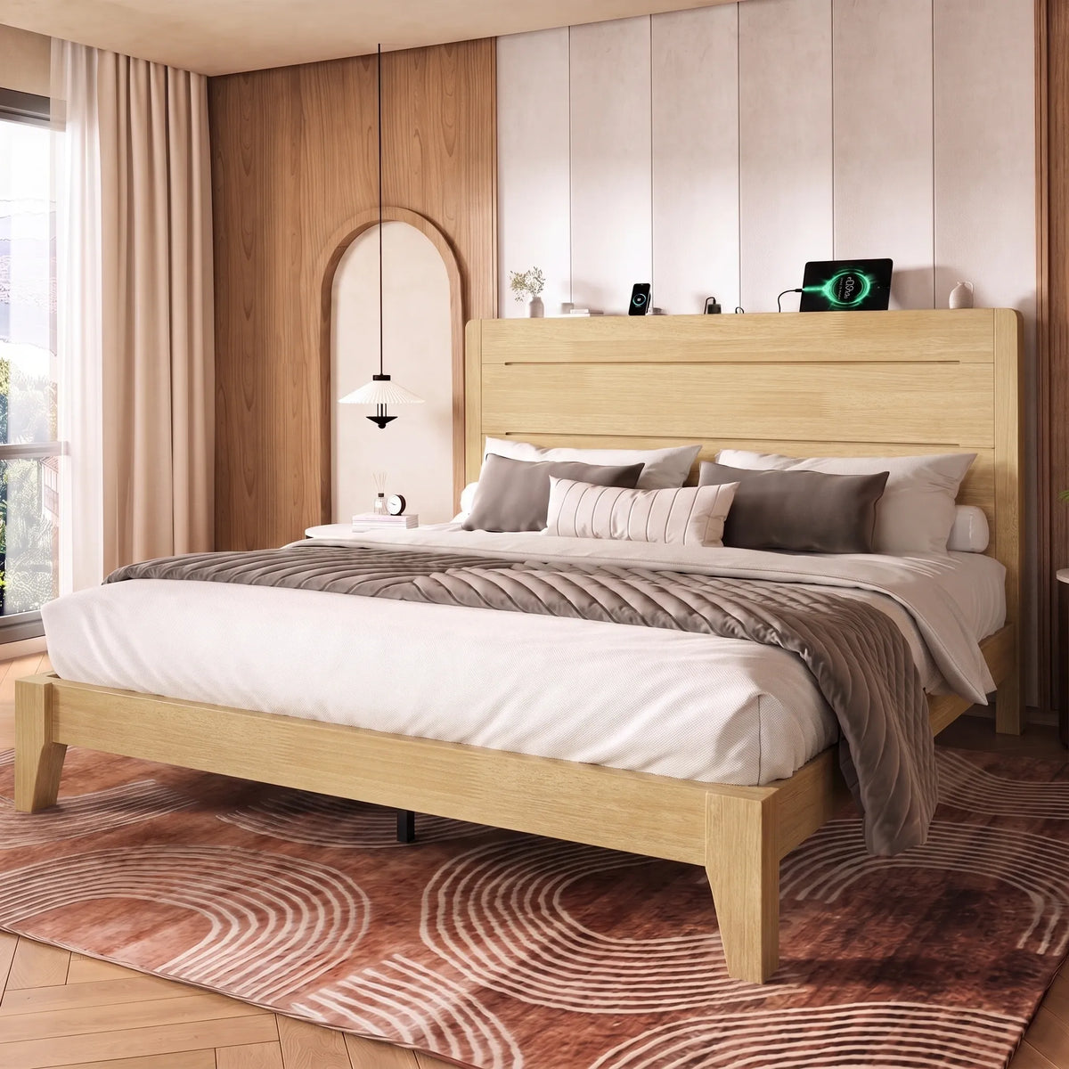 Sorel Japandi Solid Wood Platform Bed with Charging
