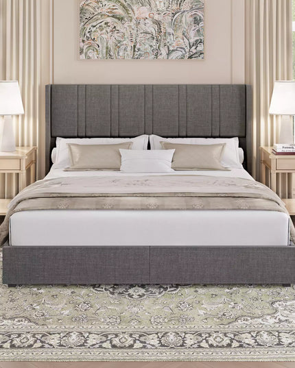 Gray king size bed frame in a bedroom setting with nightstands and lamps.