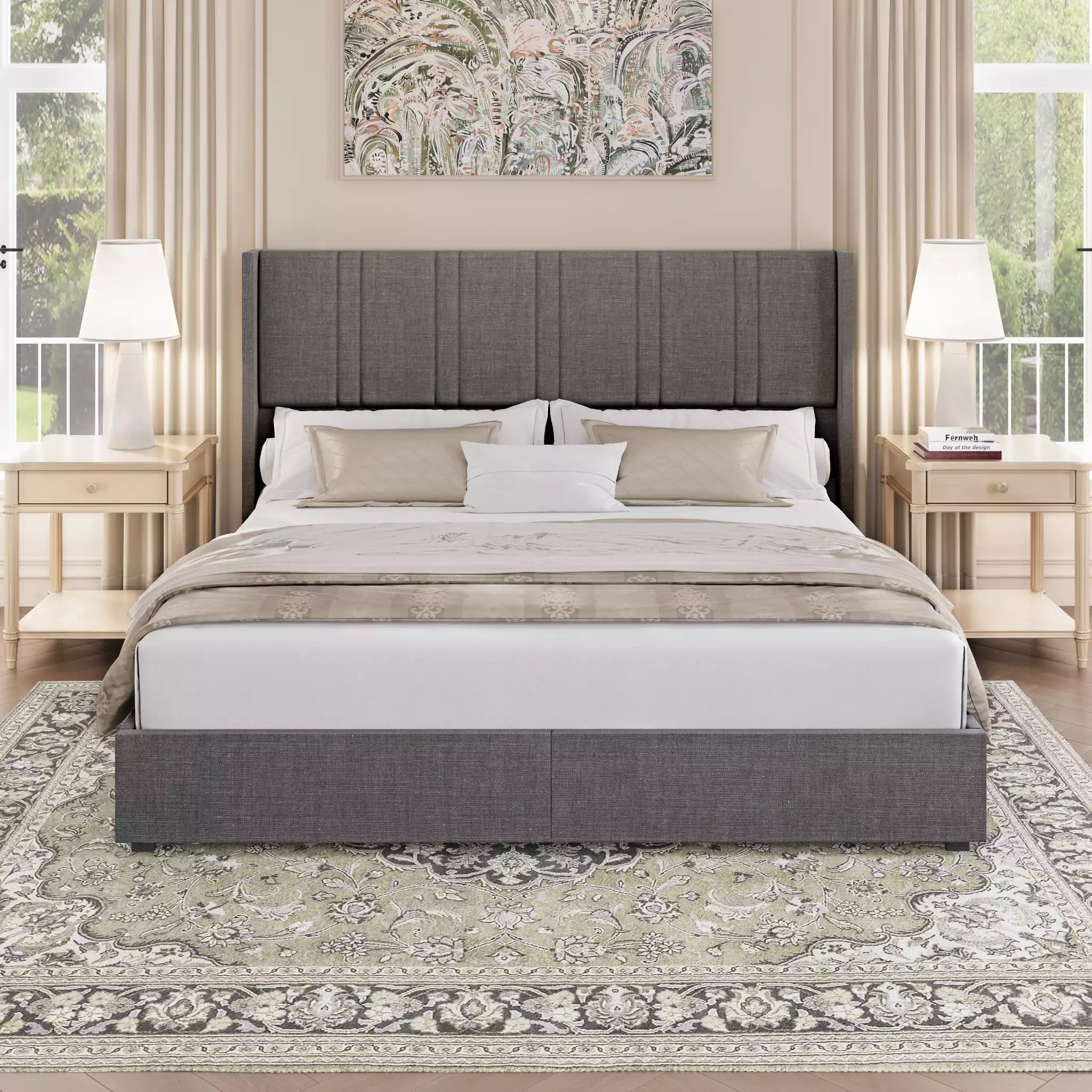 Gray king size bed frame in a bedroom setting with nightstands and lamps.
