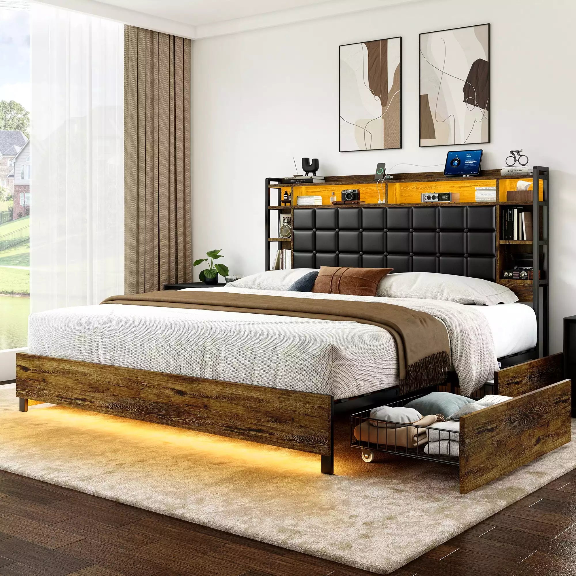 Cubes Industrial Bed Frame with Storage Drawers,Bookcase Headboard, LED Llight & Charging Hub