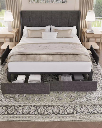 Modro Linen Upholstered Platform Bed Frame with 4 Storage Drawer