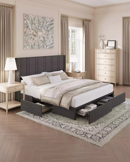 Modro Linen Upholstered Platform Bed Frame with 4 Storage Drawer