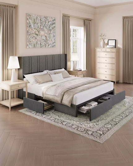 Modern bedroom with gray upholstered platform bed frame, nightstands, and dresser.