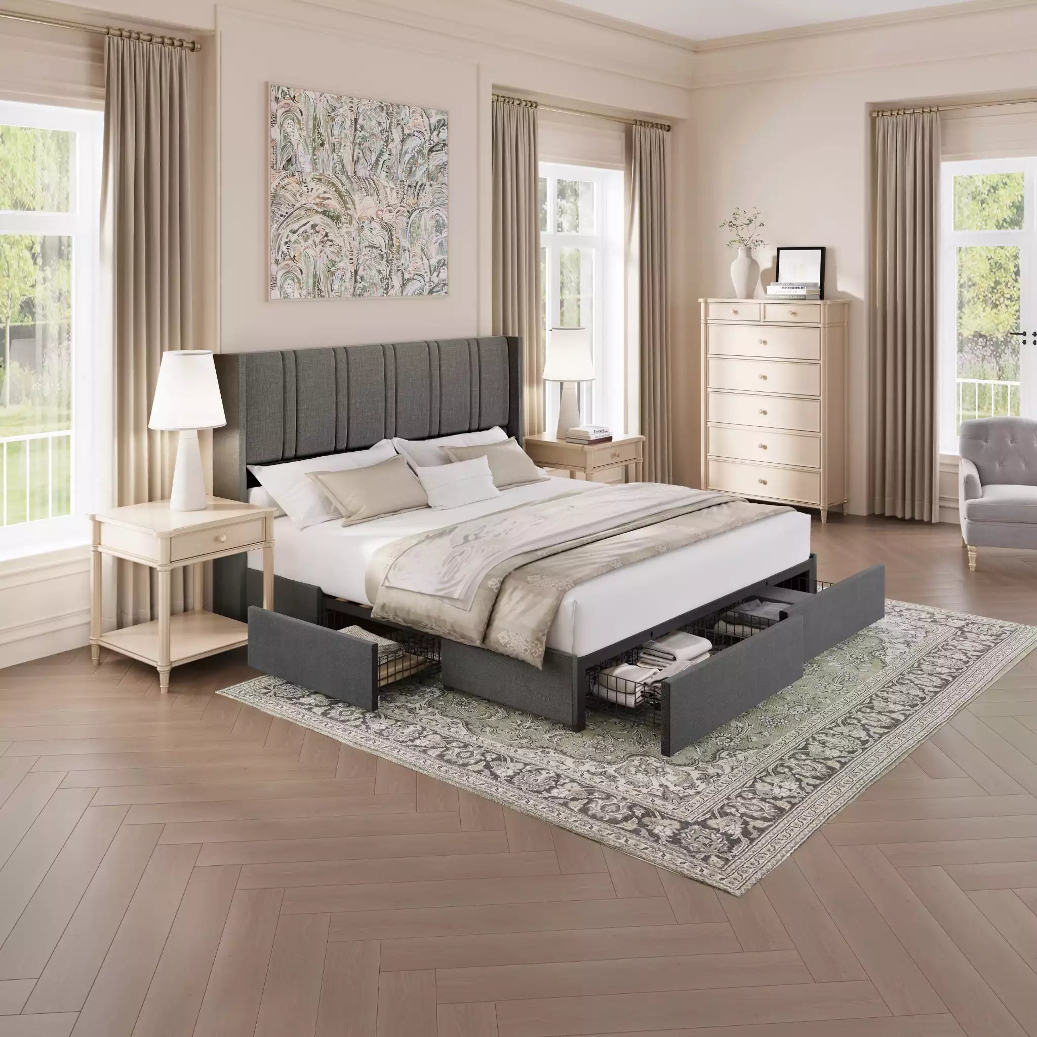 Modern bedroom with gray upholstered platform bed frame, nightstands, and dresser.