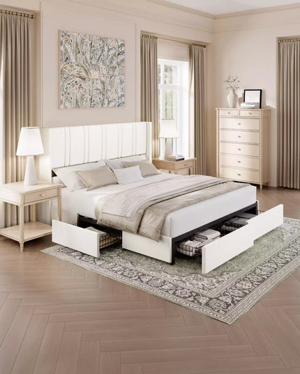 Modro Linen Upholstered Platform Bed Frame with 4 Storage Drawer