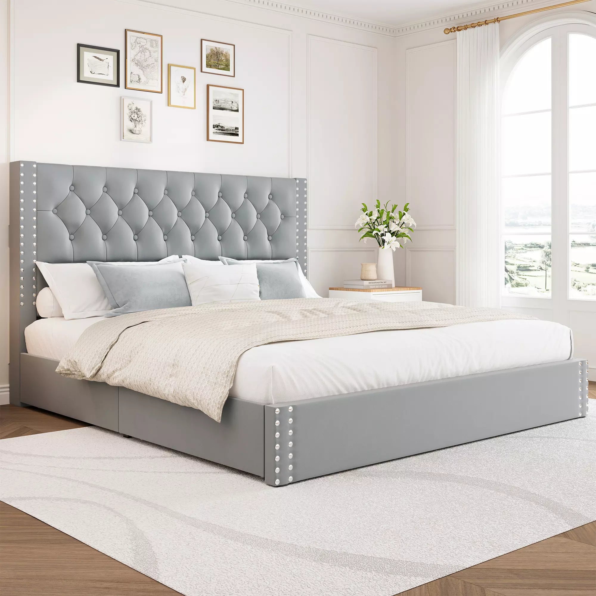 Veva Velvet Upholstered Bed Frame with Storage, 4 Drawers