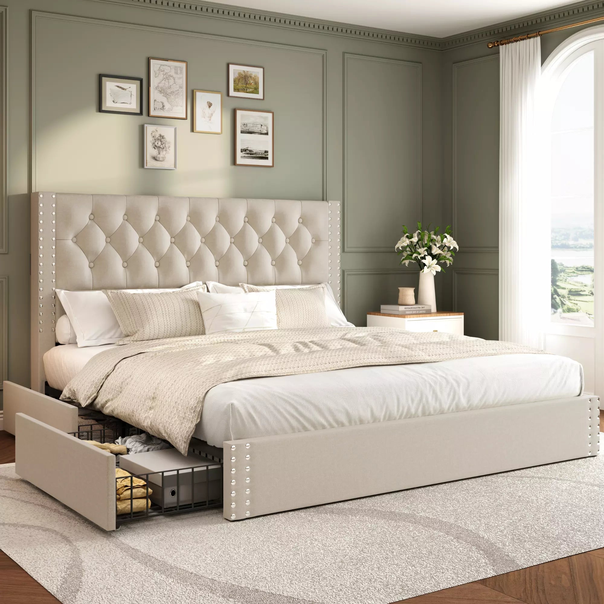 Vella Linen Upholstered Bed Frame with Storage, 4 Drawers