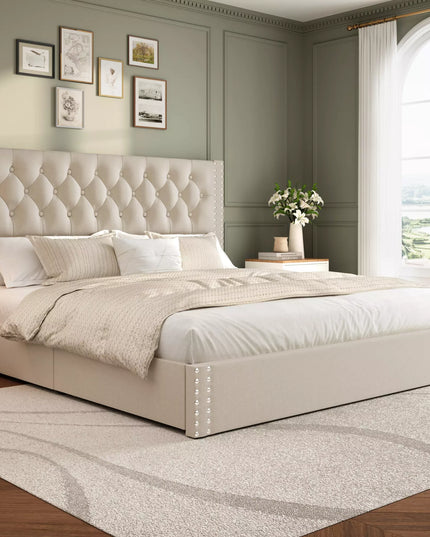 Vella Linen Upholstered Bed Frame with Storage, 4 Drawers