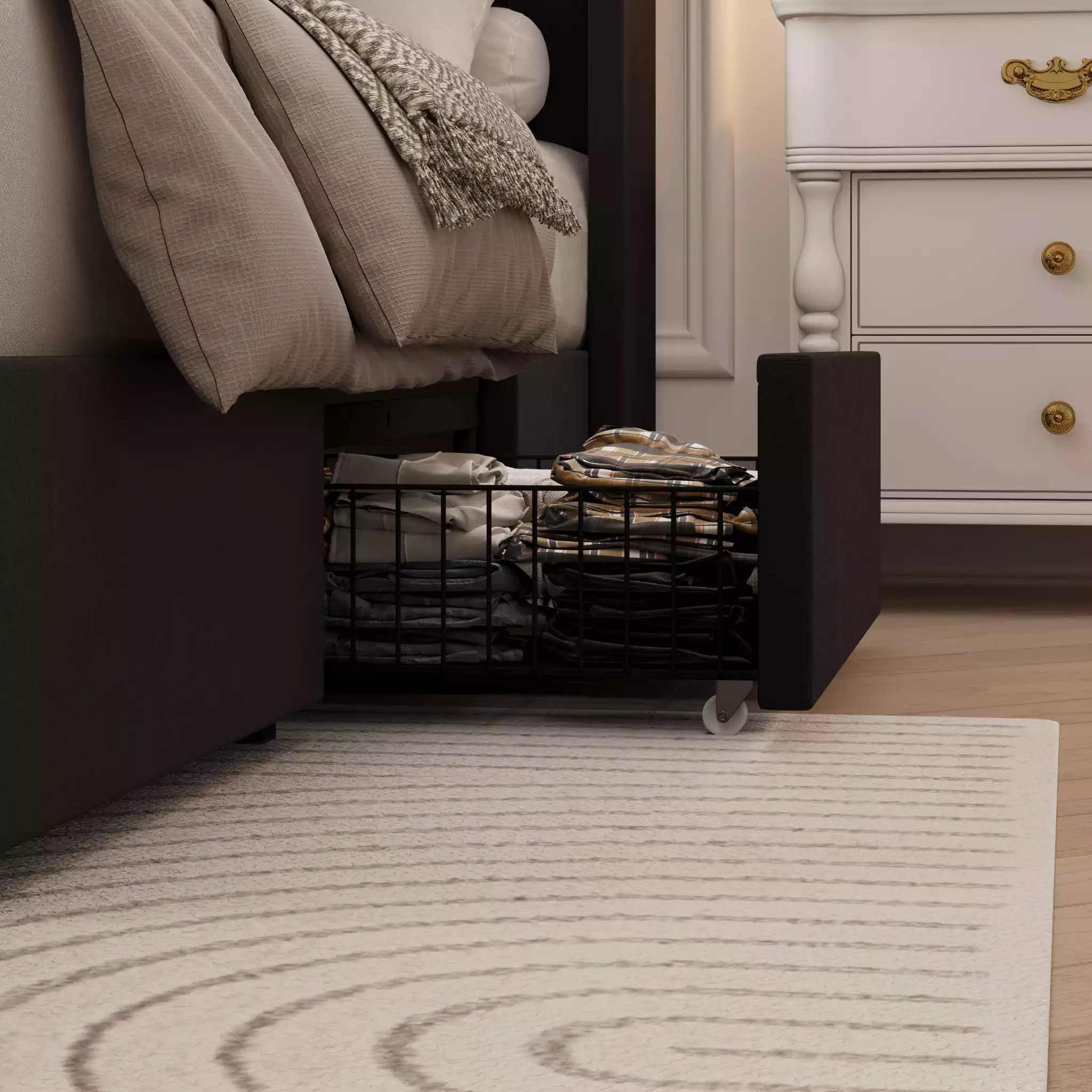 Modro Linen Upholstered Platform Bed Frame with 4 Storage Drawer