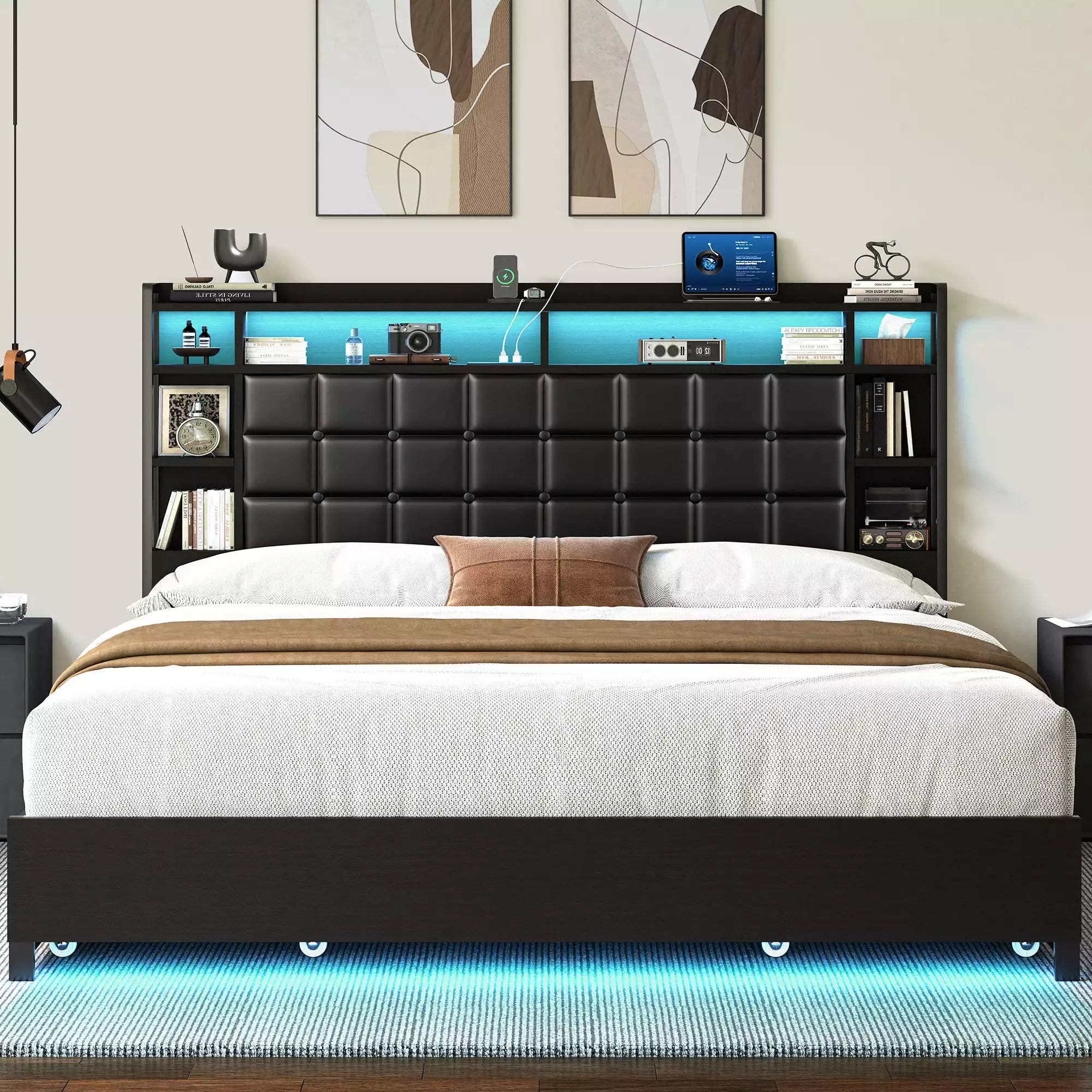 Cubes Industrial Bed Frame with Storage Drawers,Bookcase Headboard, LED Llight & Charging Hub