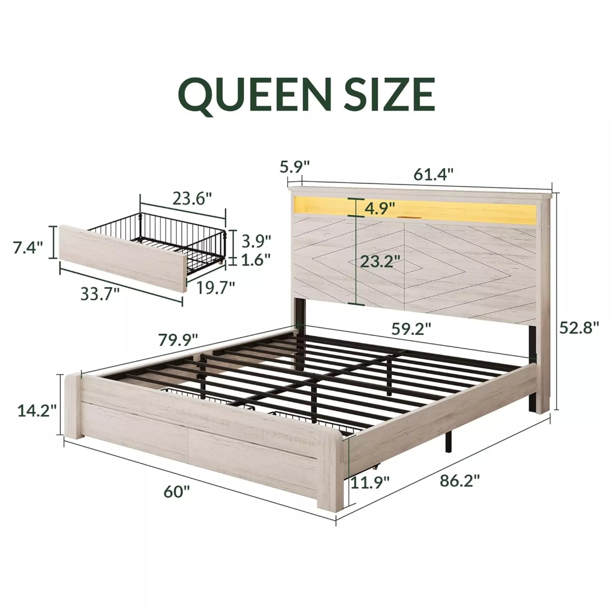 Arlo Farmhouse Wood Bed Frame, 52" Tall Headboard with Led Lights,Charging Station and 2 Drawers