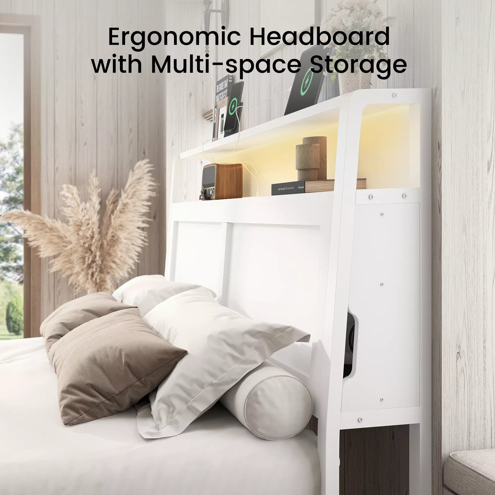 ShelfLit Bookcase Bed Frame with Hidden Headboard storage Shelvs,LED Lights & USB-C,2 Drawers