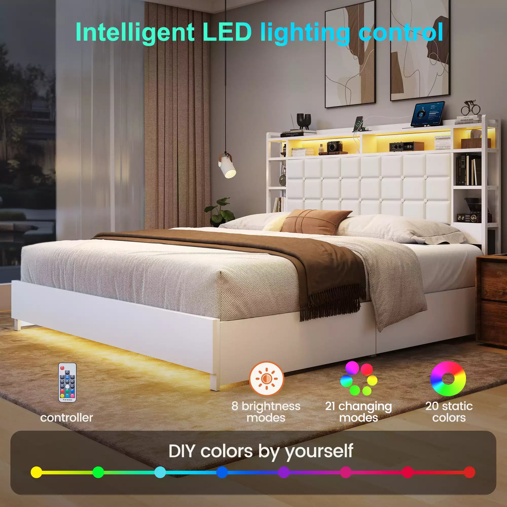 Cubes Industrial Bed Frame with Storage Drawers,Bookcase Headboard, LED Llight & Charging Hub