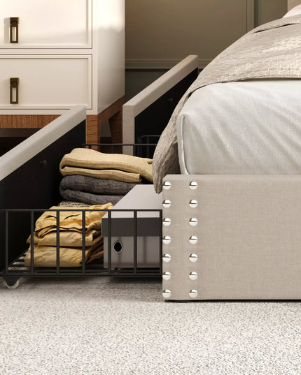 Vella Linen Upholstered Bed Frame with Storage, 4 Drawers