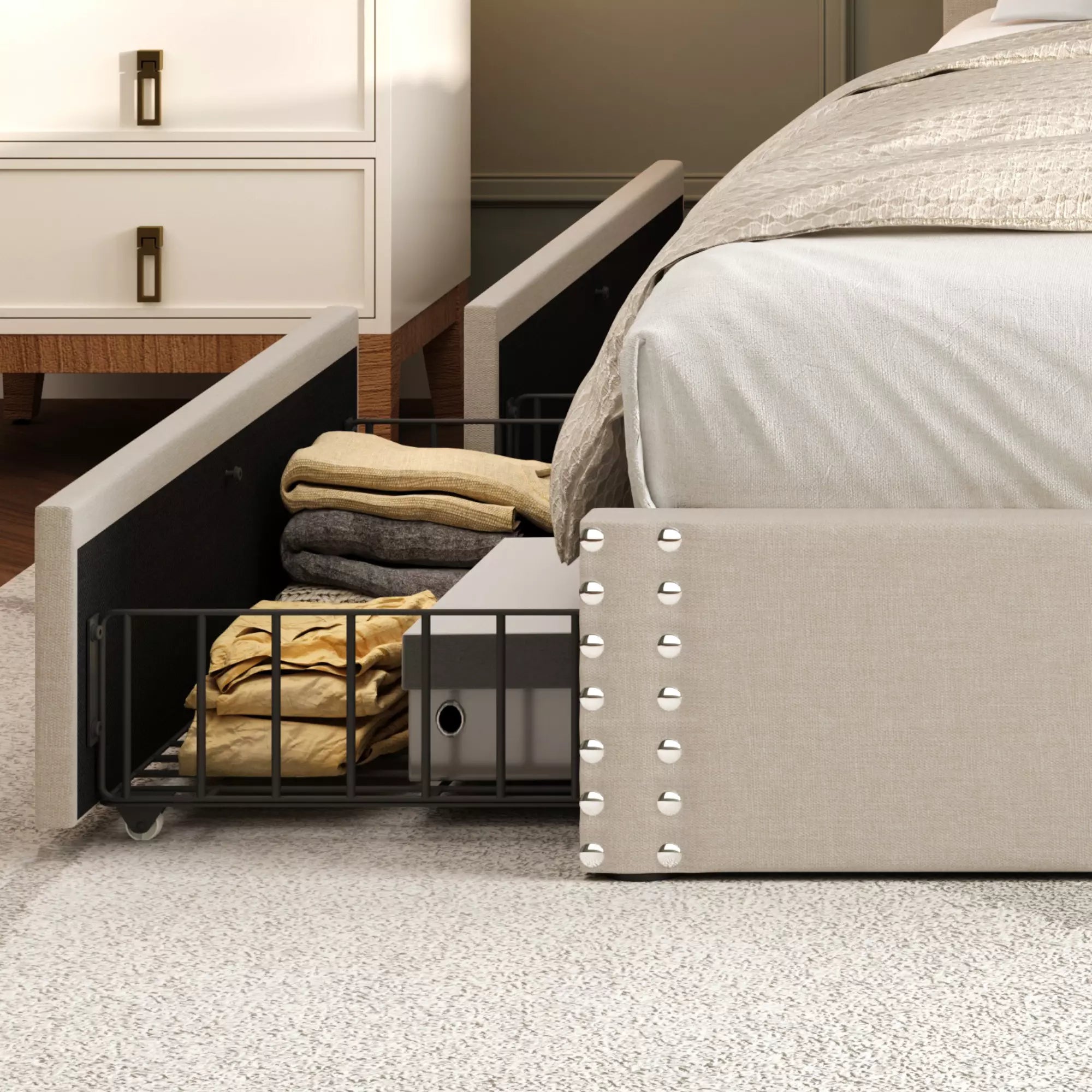 Vella Linen Upholstered Bed Frame with Storage, 4 Drawers