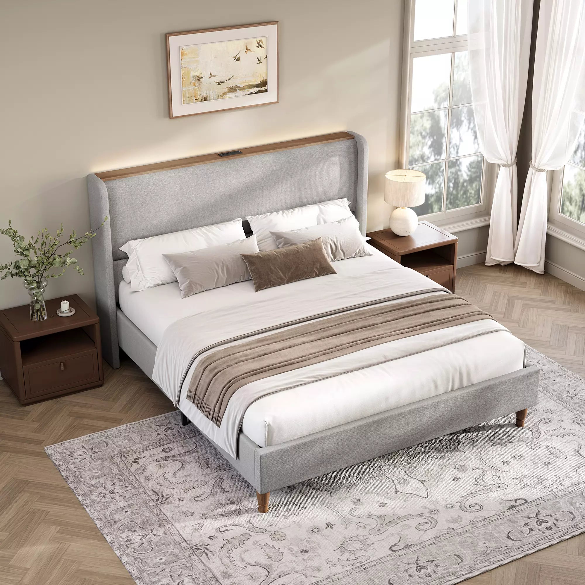 Arc Linen Tall Headbaord Storage Bed Frame with Led & Charging