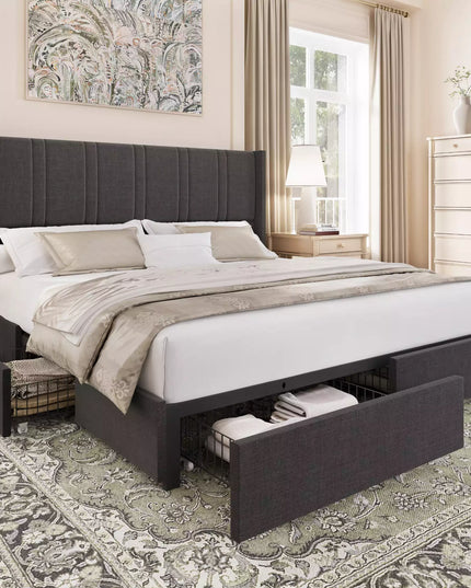 Modro Linen Upholstered Platform Bed Frame with 4 Storage Drawer