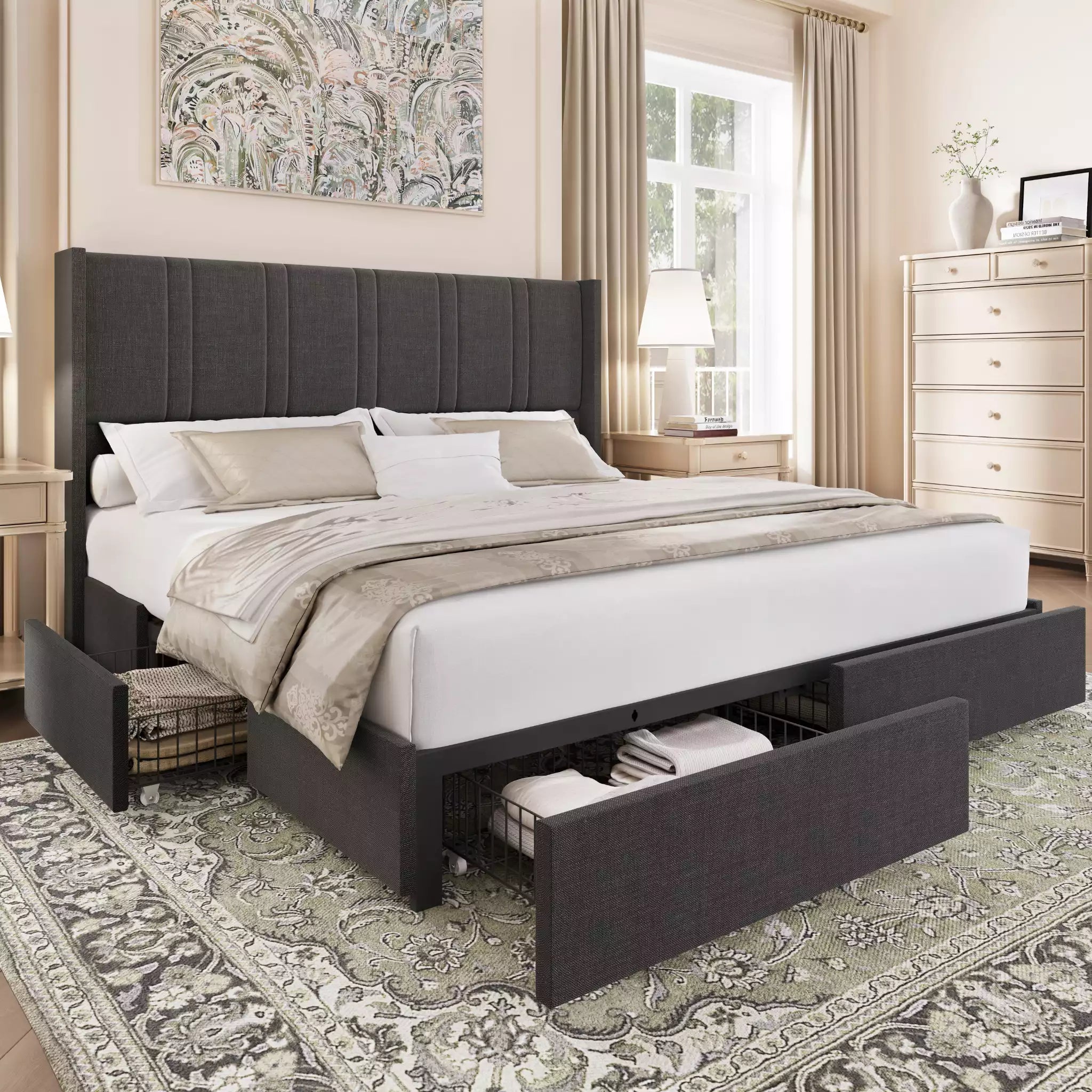 Modro Linen Bed Frame With Storage