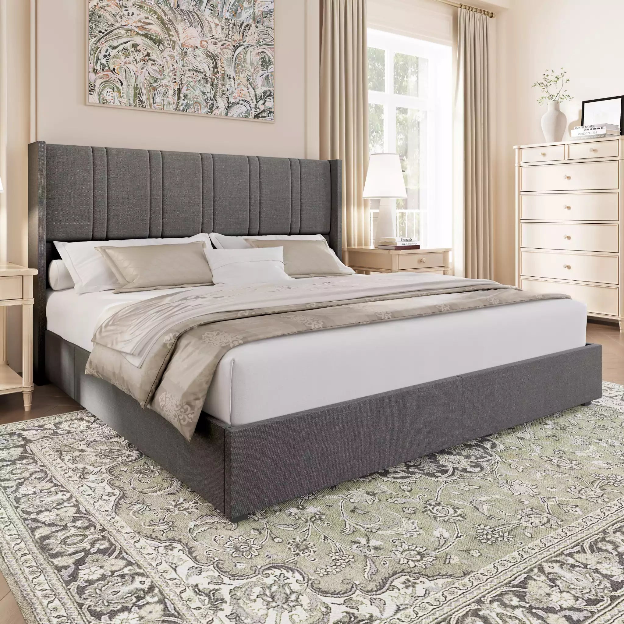 Bedroom with a gray upholstered bed, white bedding, and decorative elements.