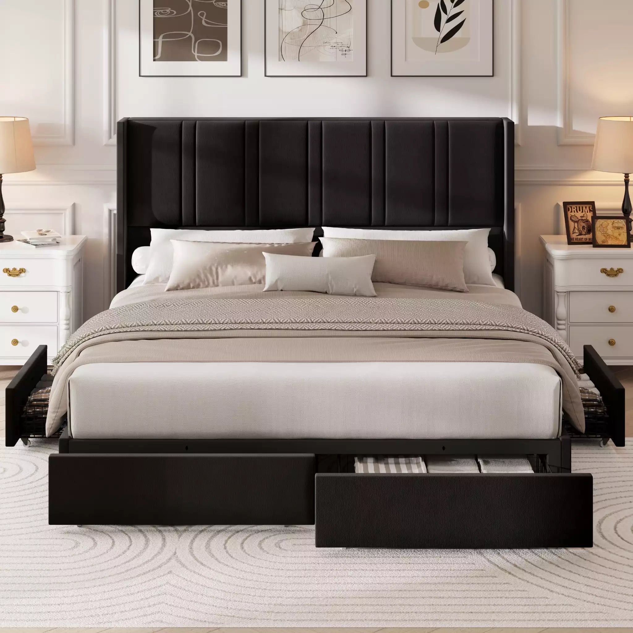 Modro Linen Upholstered Platform Bed Frame with 4 Storage Drawer