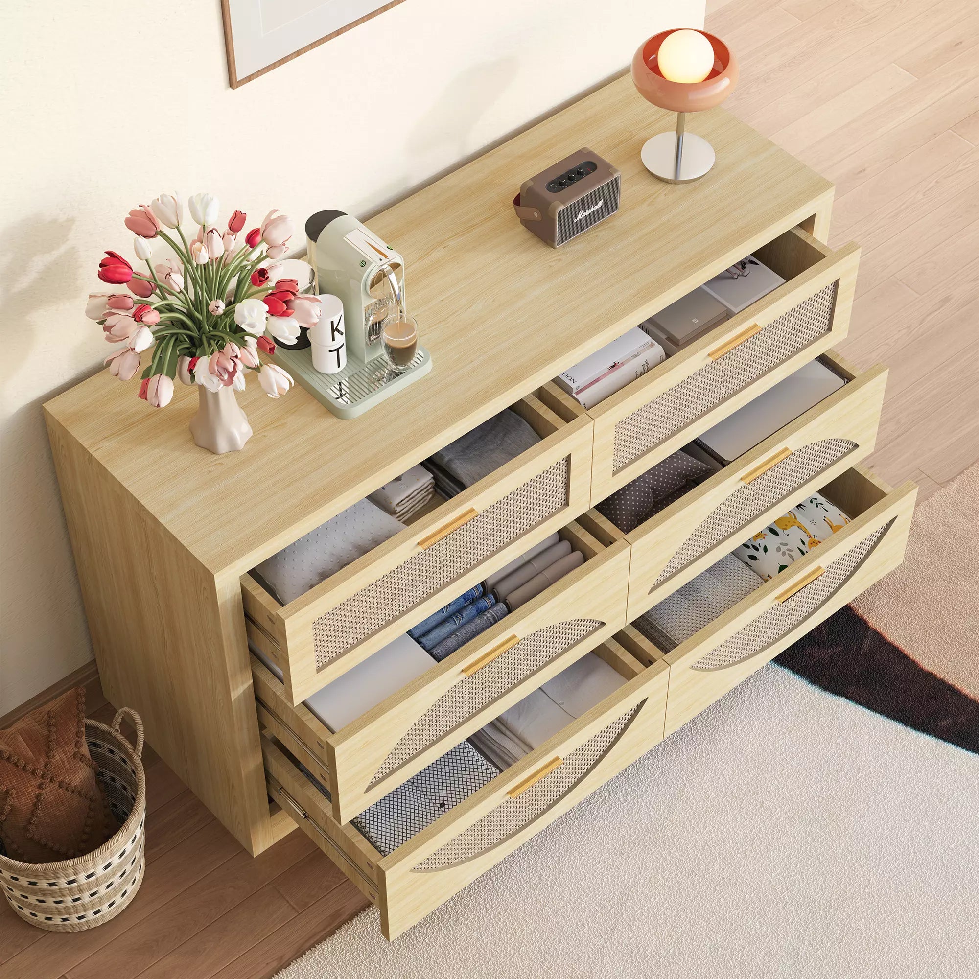 Arched Boho Rattan 6 Drawer Dressers-Walnet / Oak