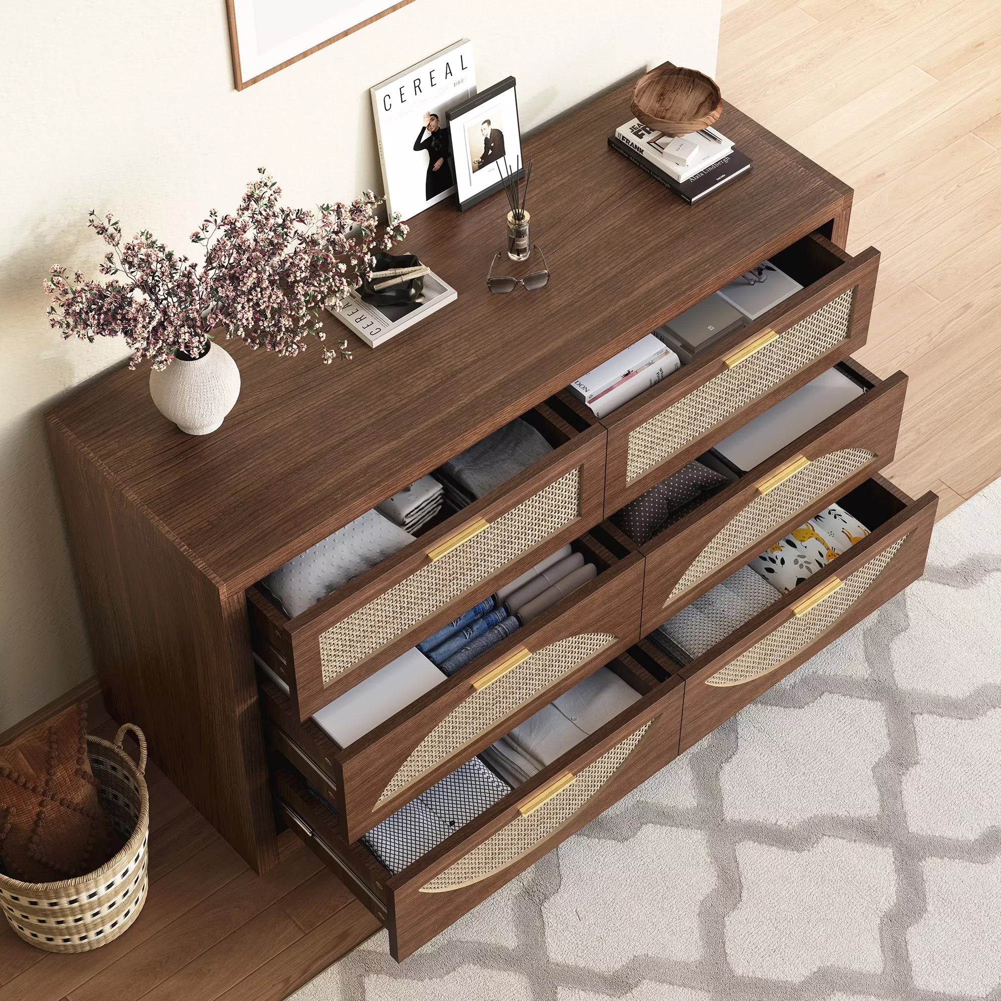 Arched Boho Rattan 6 Drawer Dressers-Walnet / Oak