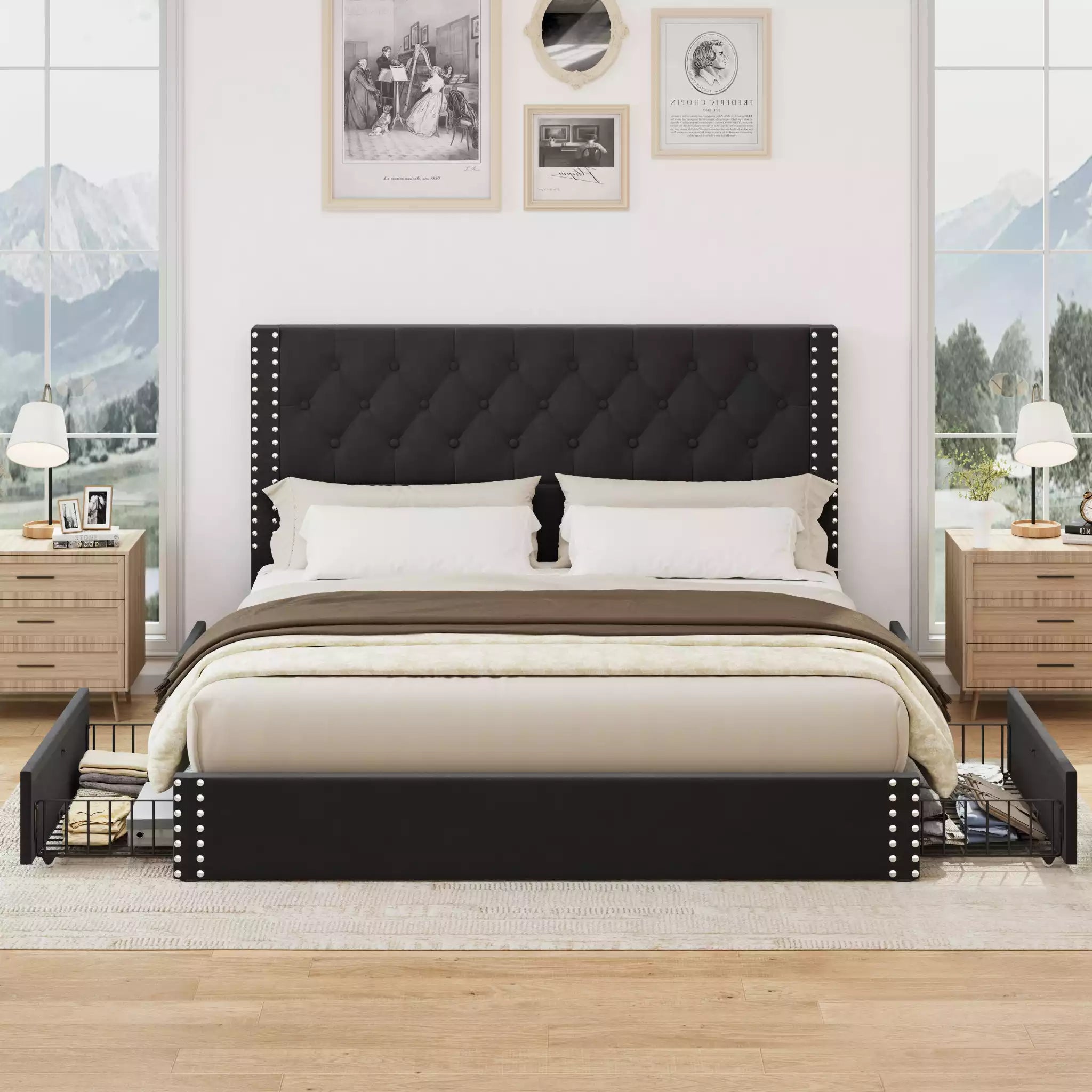 Veva Velvet Upholstered Bed Frame with Storage, 4 Drawers