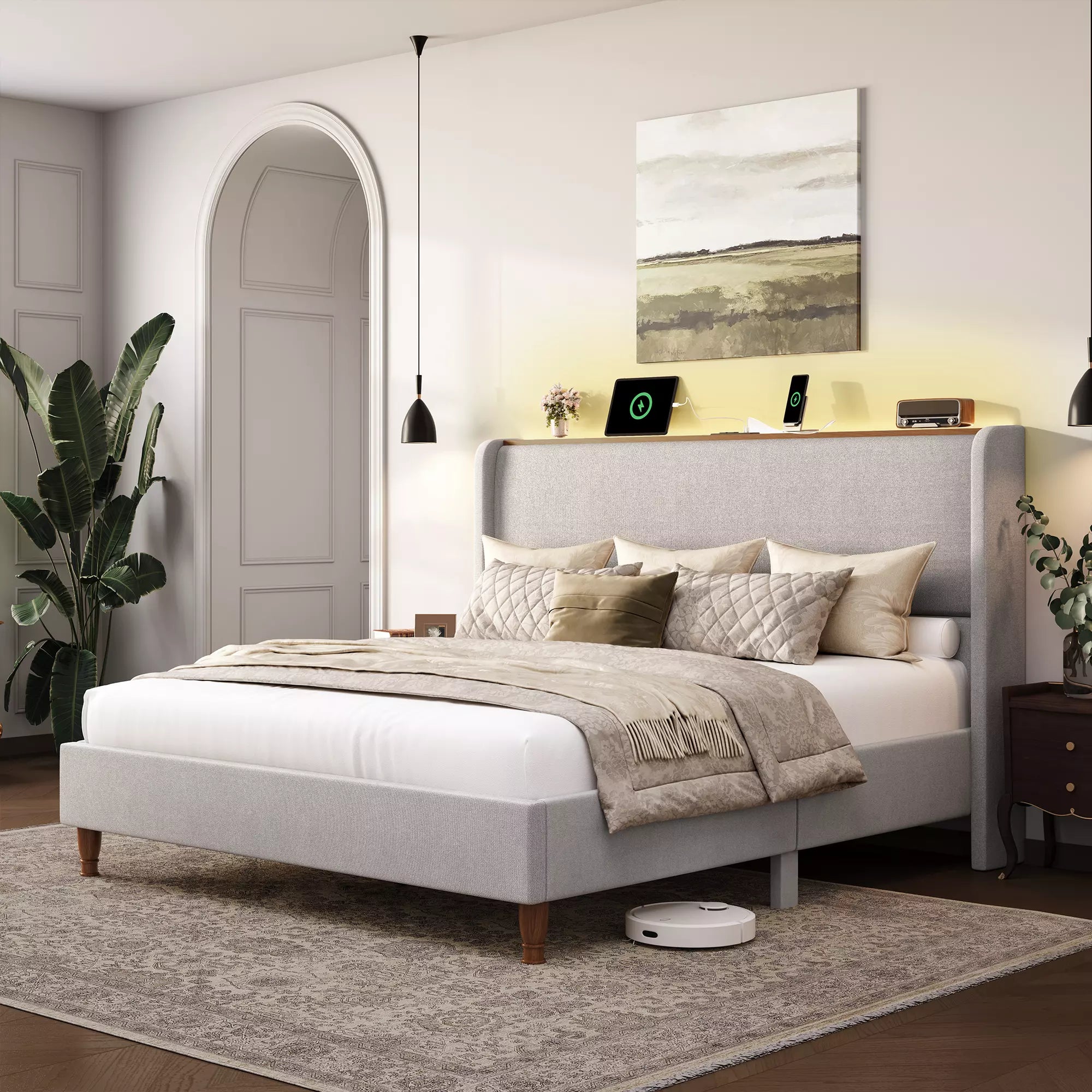 Arc Tall Headbaord Linen Upholstered Platform Bed Frame with LED Lights & Charging Station