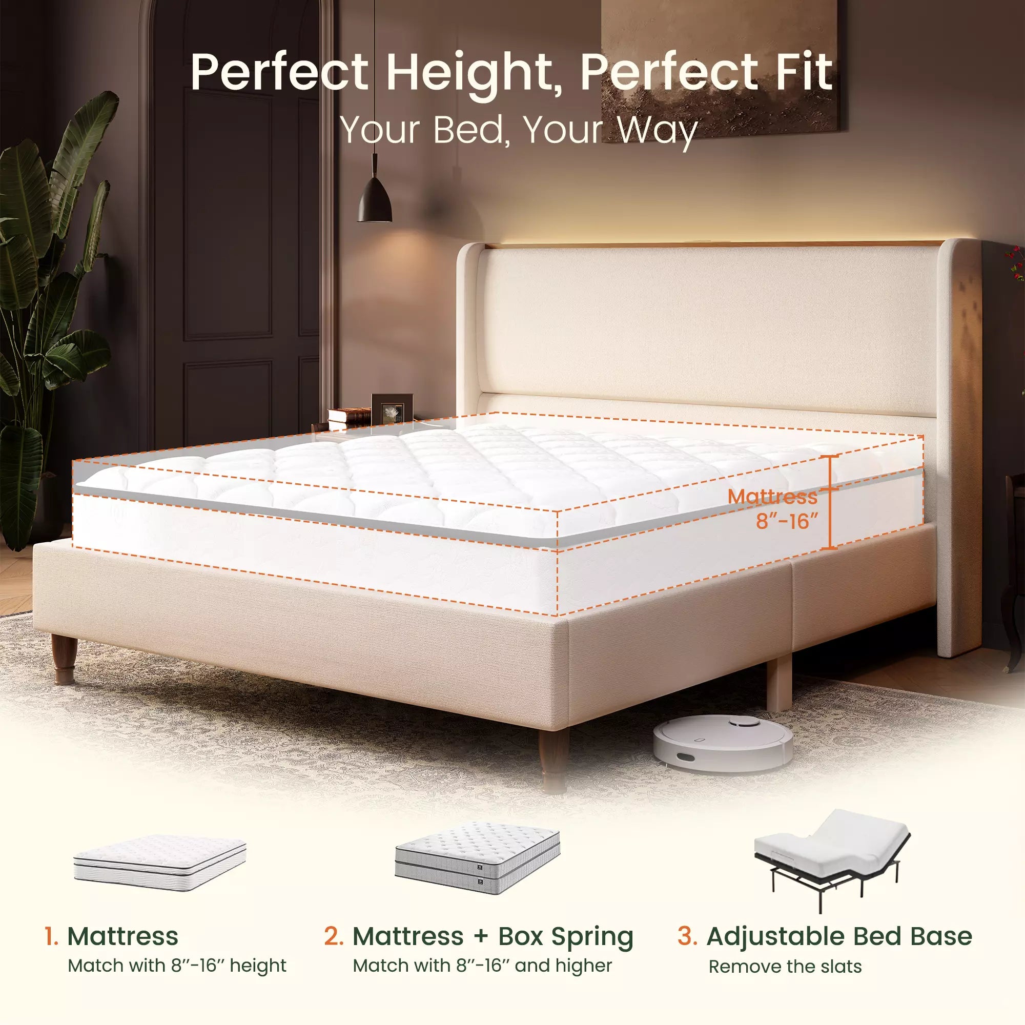 Arc Tall Headbaord Linen Upholstered Platform Bed Frame with LED Lights & Charging Station