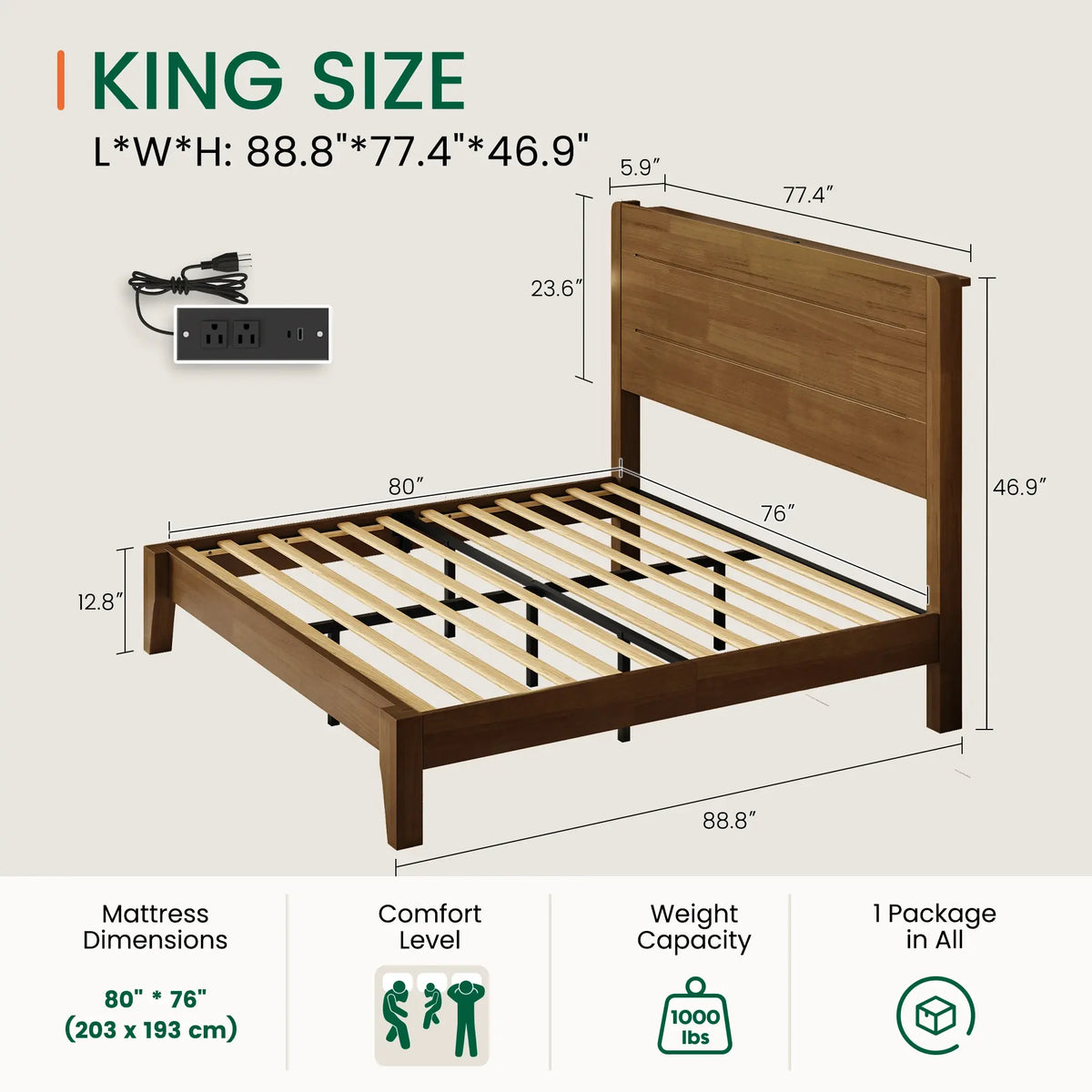 Sorel Japandi Solid Wood Platform Bed with Charging