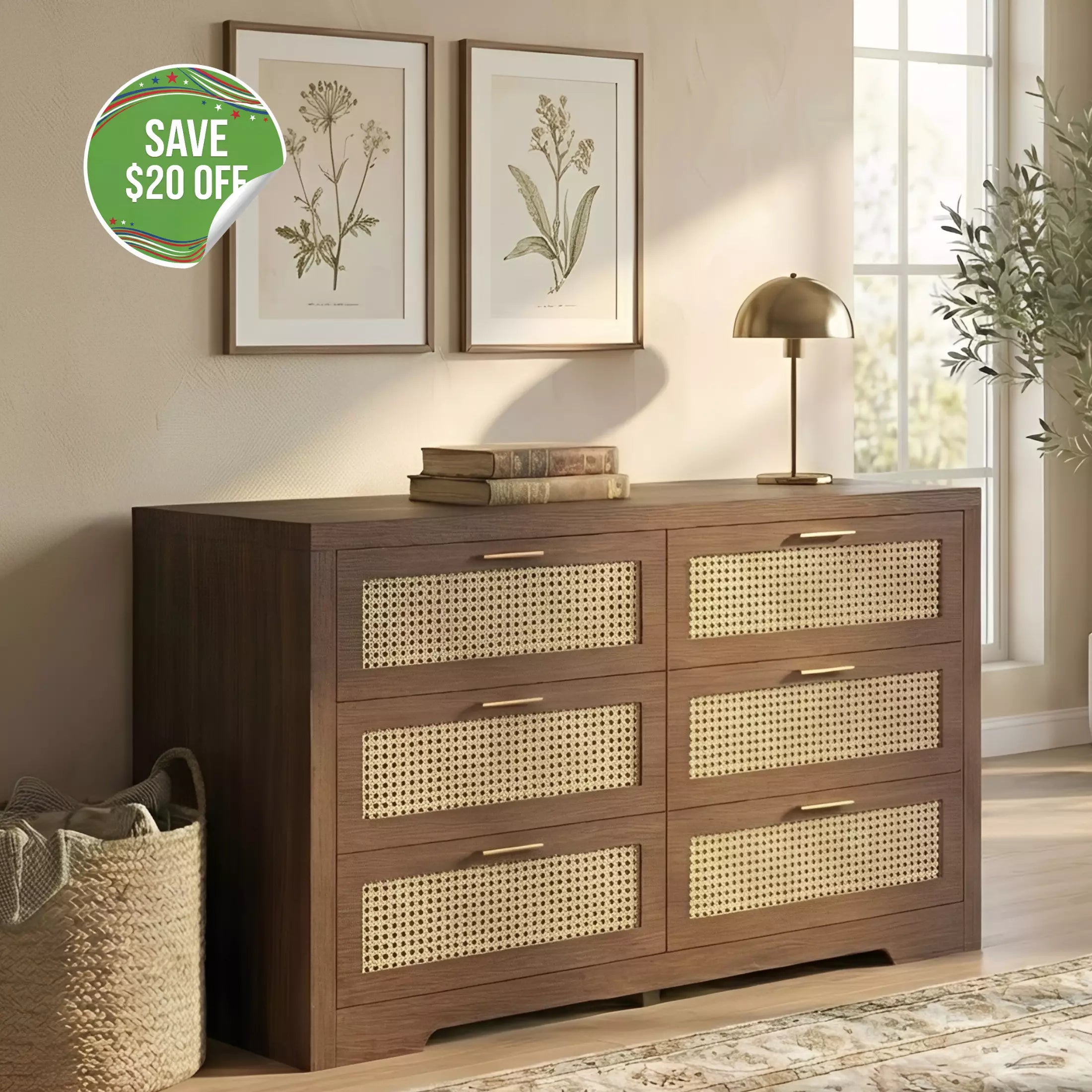 Boho Chic Rattan 6 Drawer Dressers-Walnet / Oak
