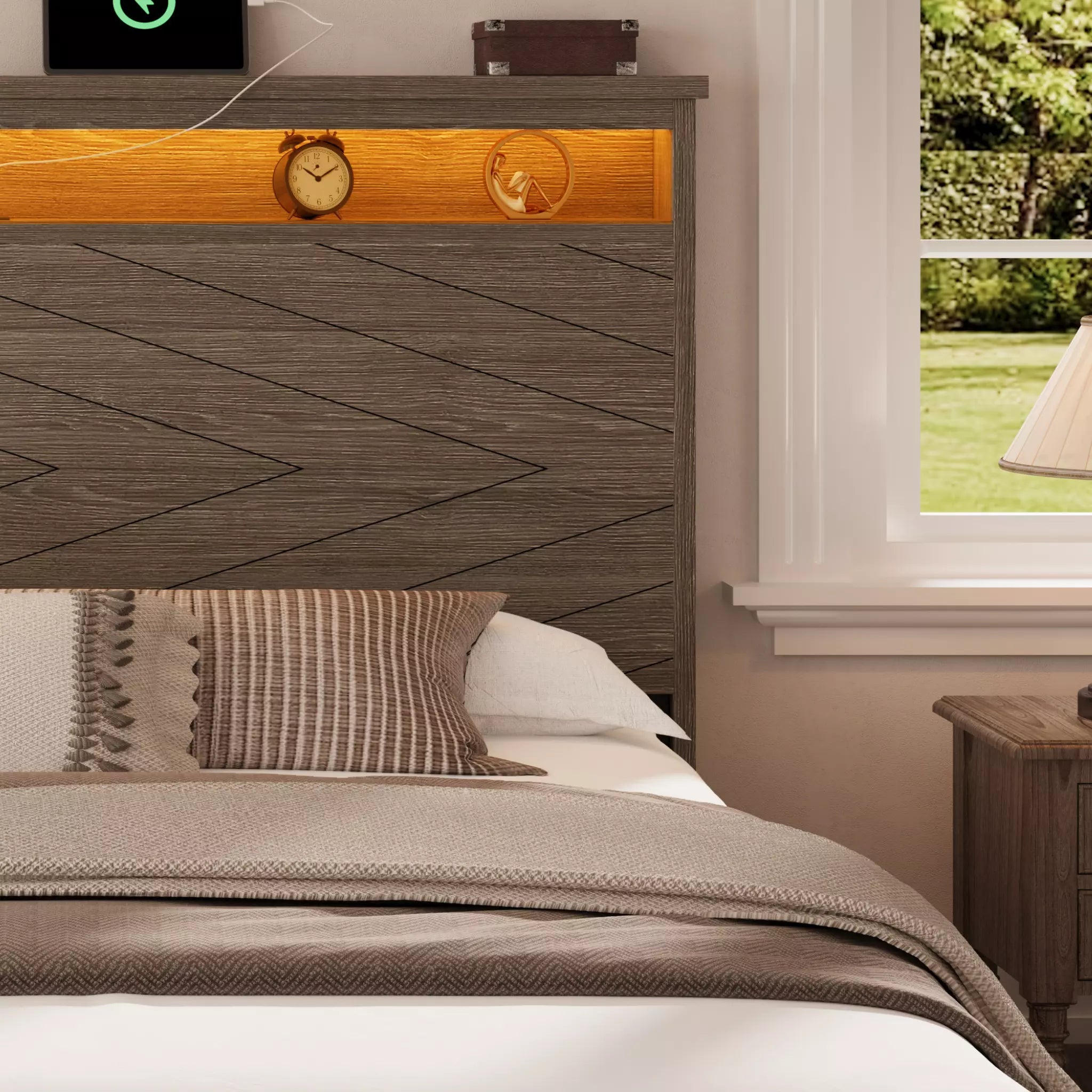 Arlo Farmhouse Wood Bed Frame, 52" Tall Headboard with Led Lights,Charging Station and 2 Drawers