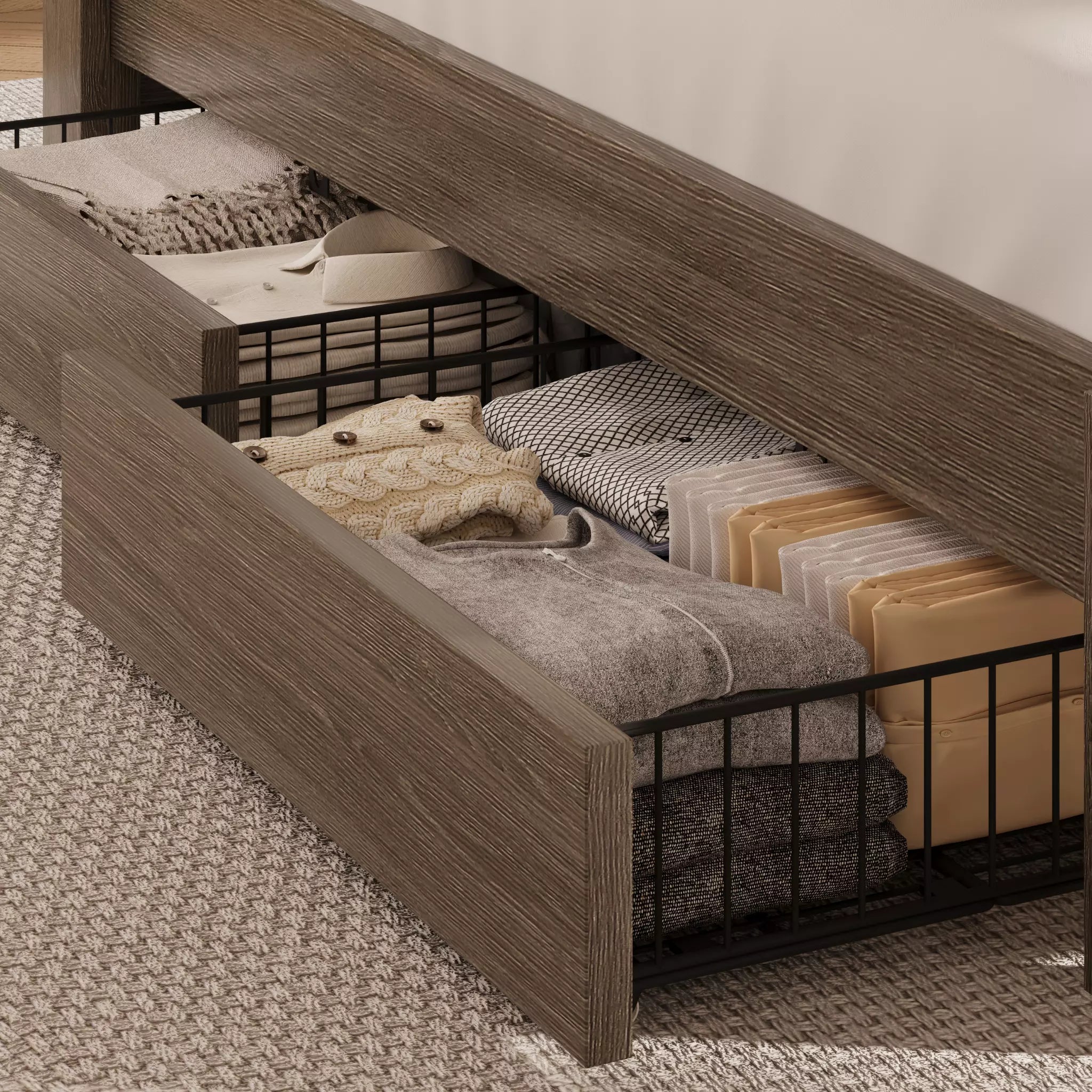 Arlo Farmhouse Wood Bed Frame, 52" Tall Headboard with Led Lights,Charging Station and 2 Drawers