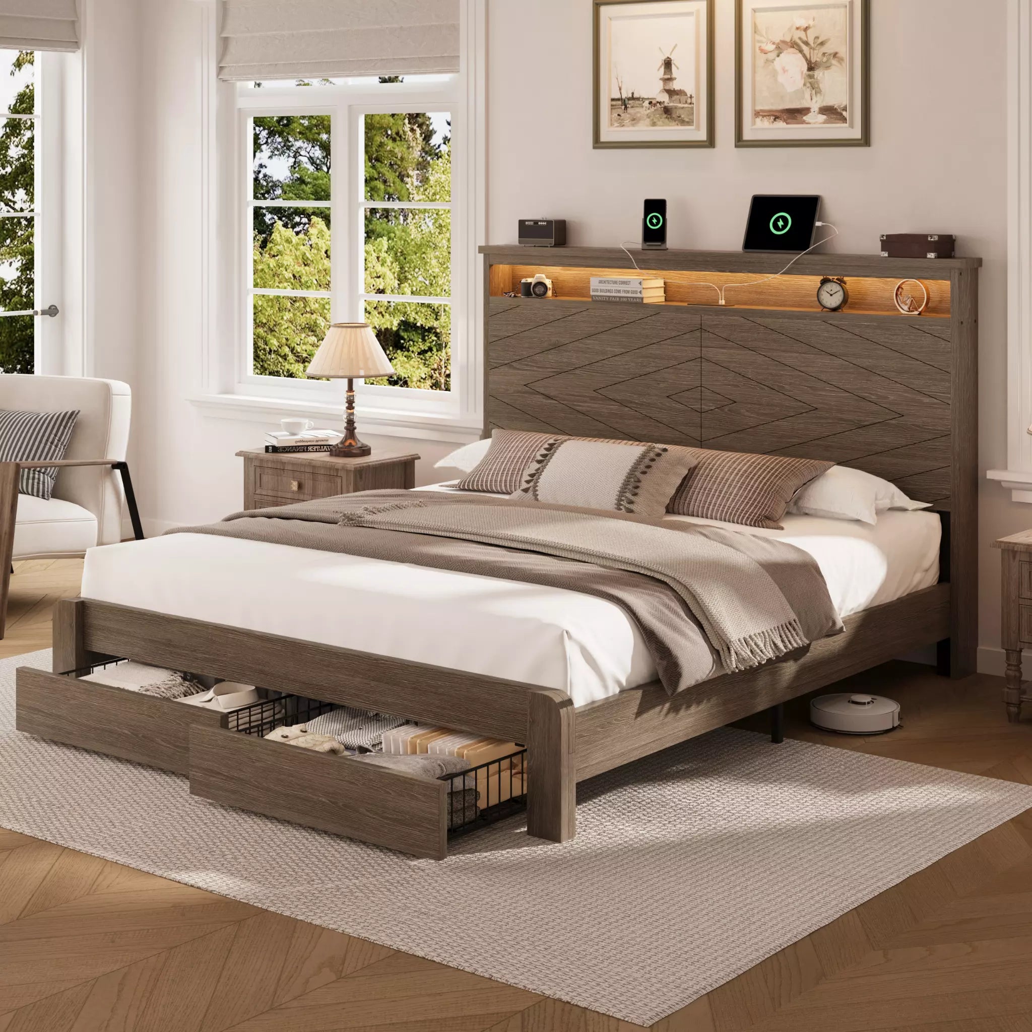 Arlo Farmhouse Wood Bed Frame, 52" Tall Headboard with Led Lights,Charging Station and 2 Drawers