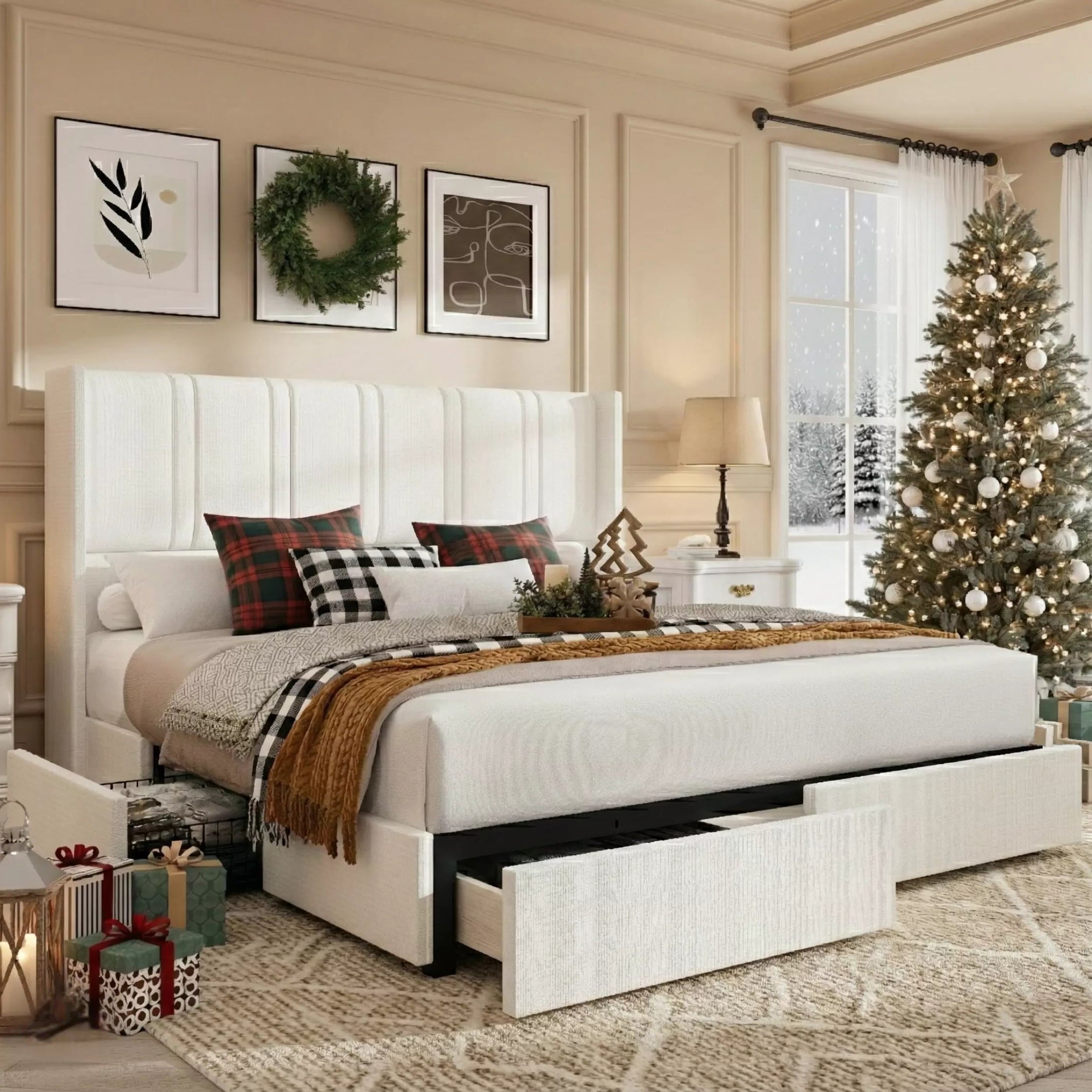 Decorative bedroom with a Christmas tree, bed with plaid pillows, and festive decor.