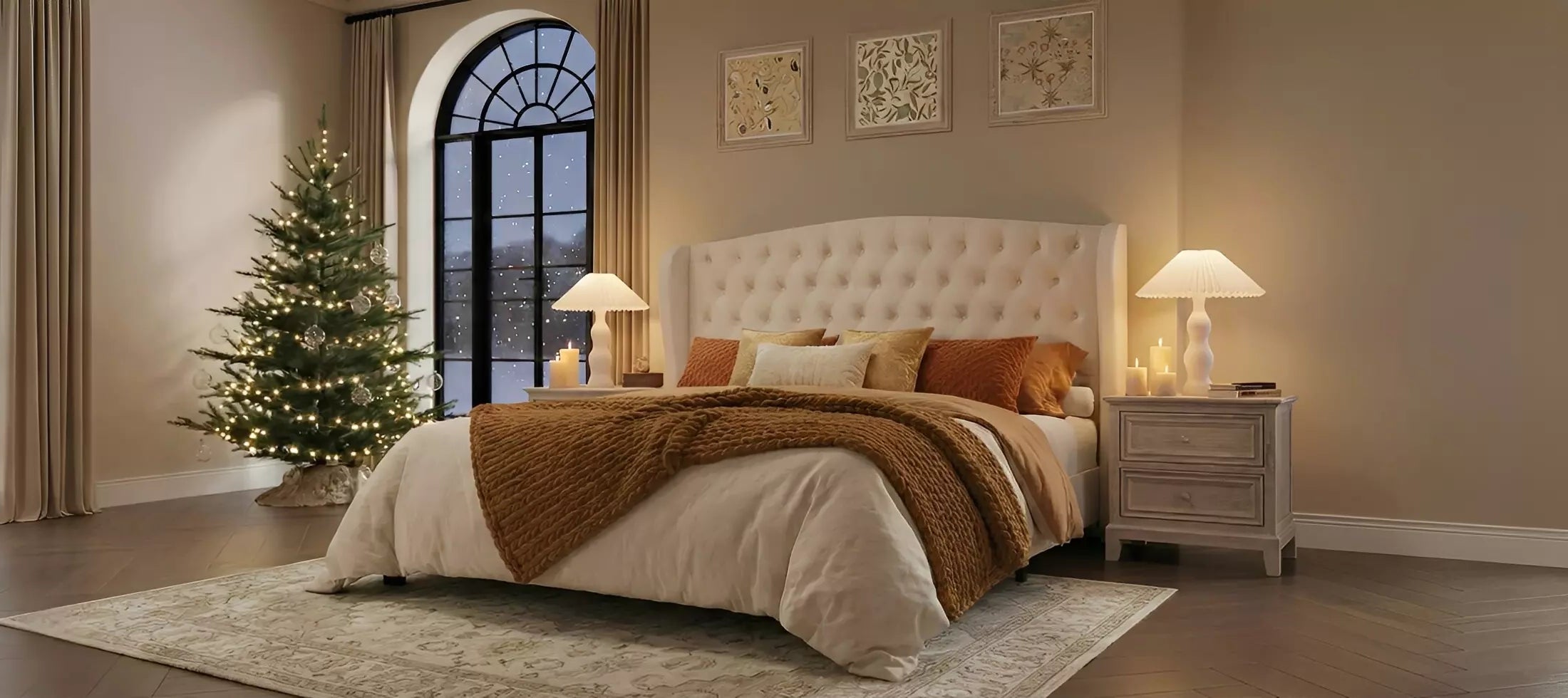 Bedroom with a large bed, nightstands, and a Christmas tree.