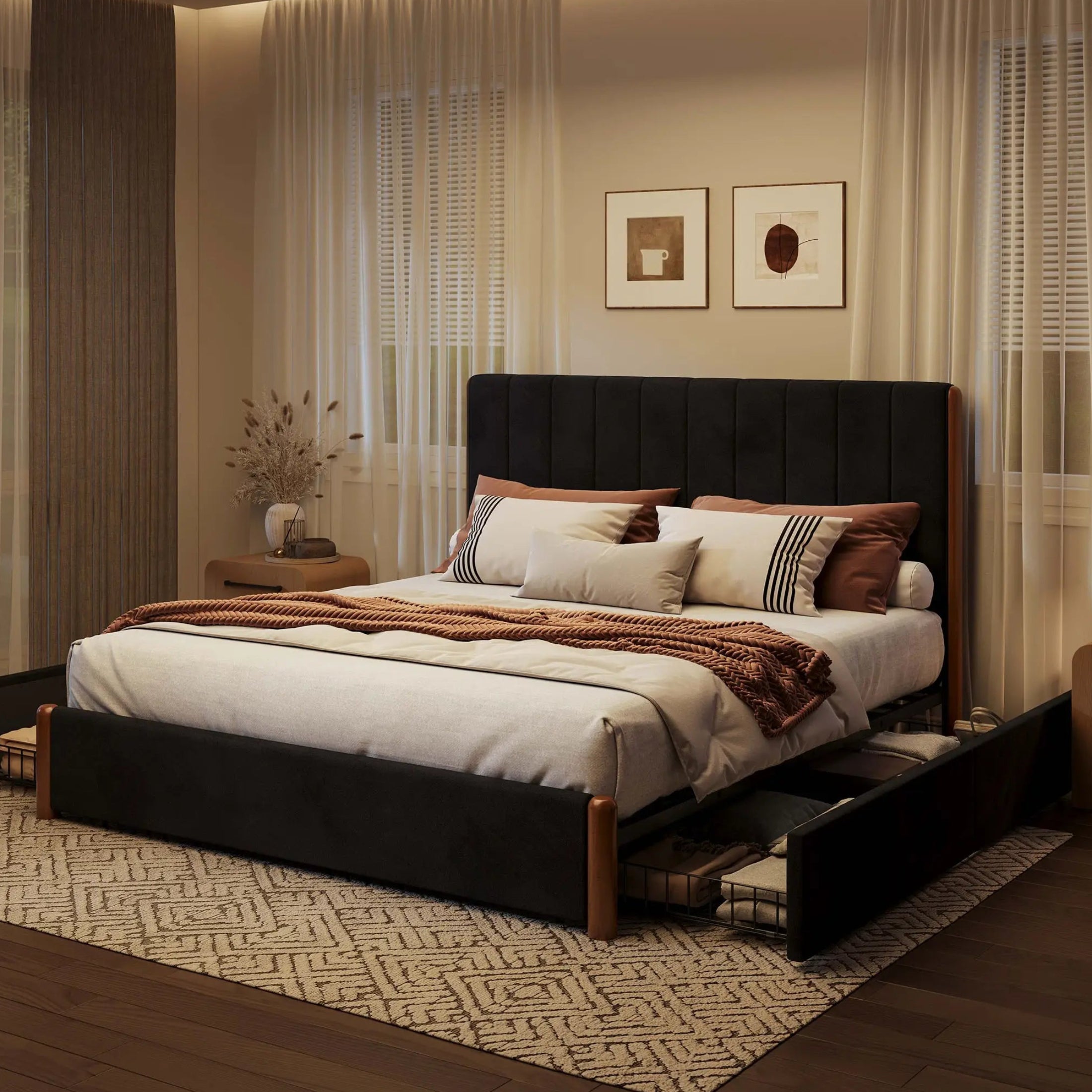 Mavlen Velvet Upholstered Platform Bed Frame with Storage