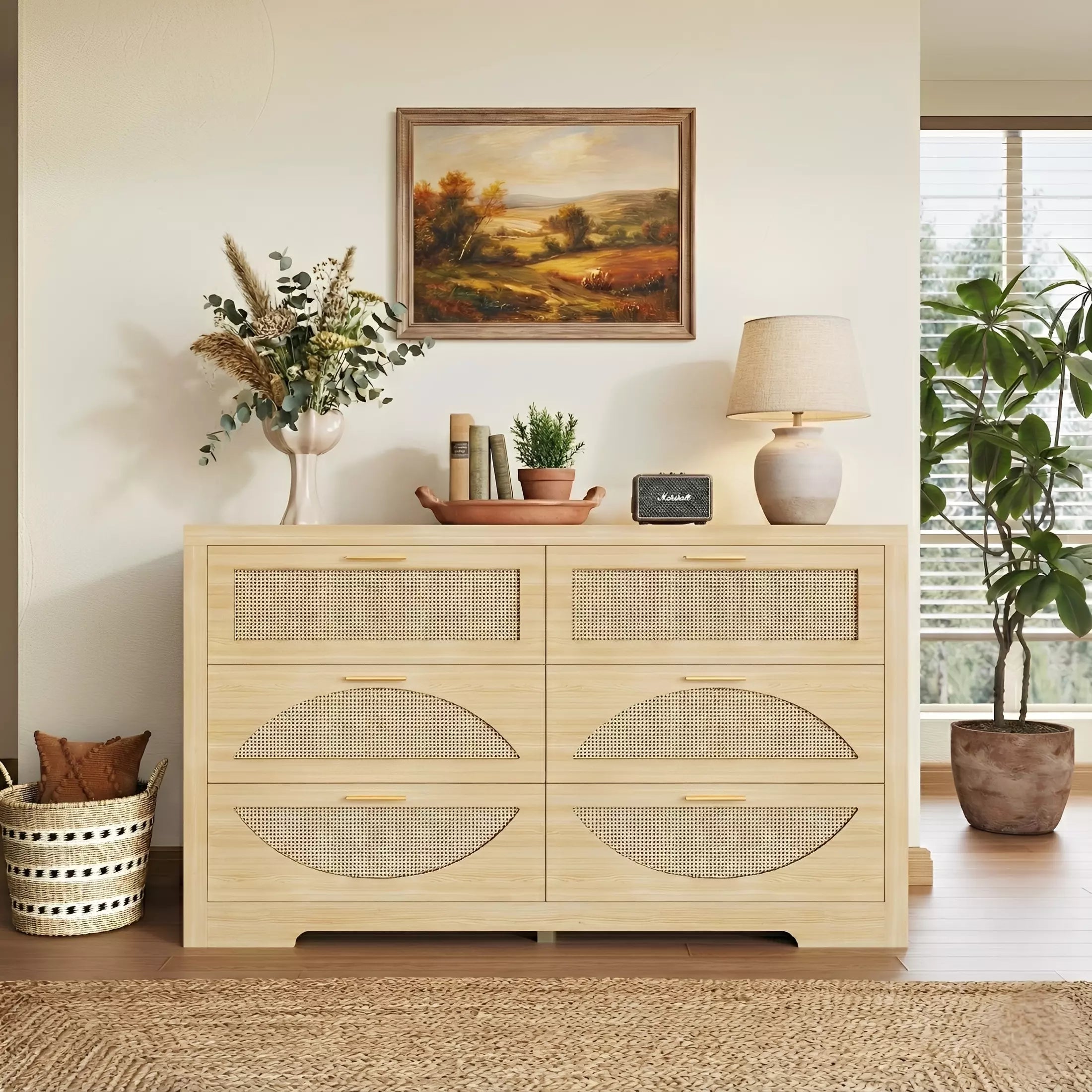 Arched Boho Rattan 6 Drawer Dressers Oak / Walnut
